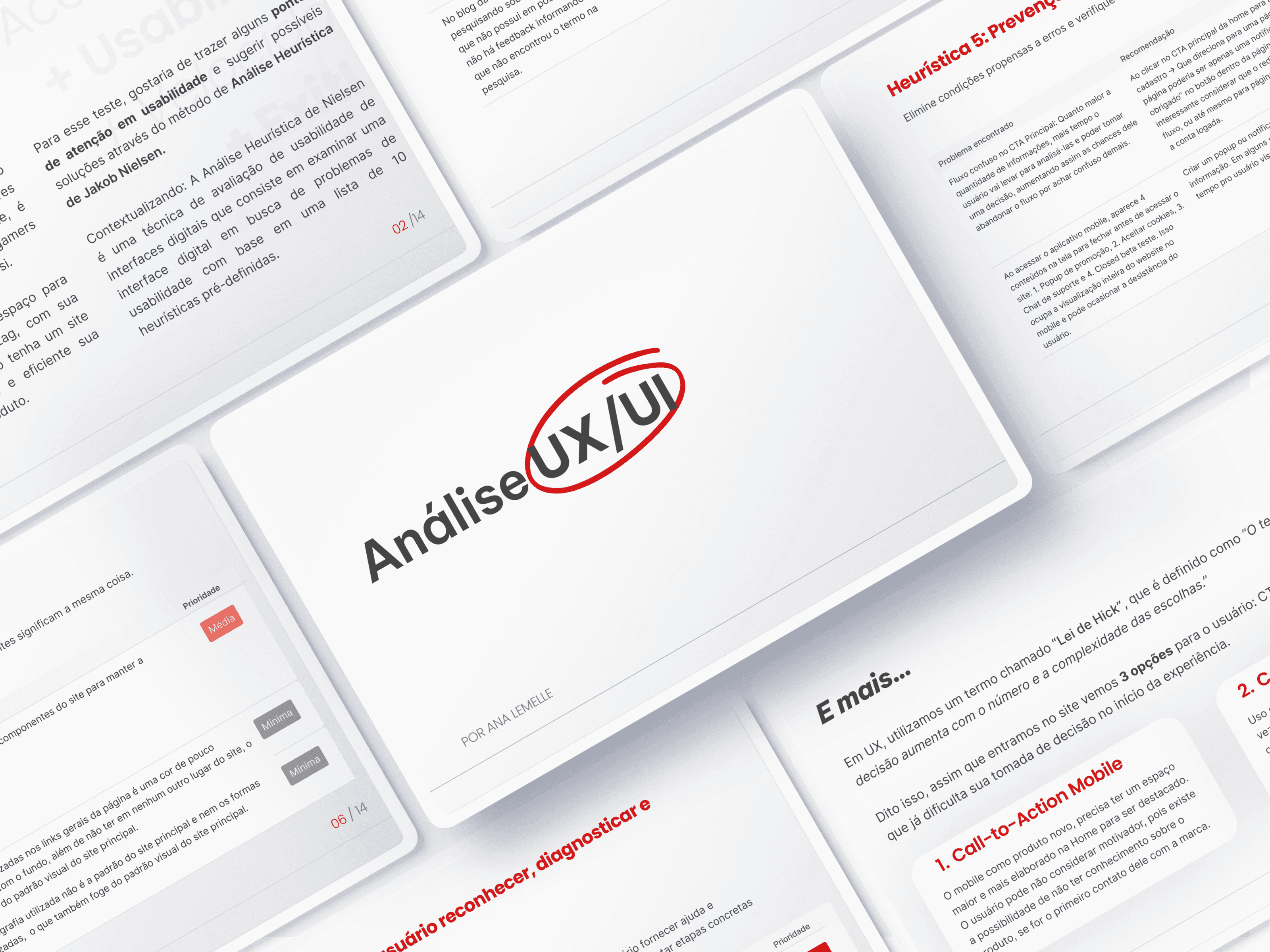 Apresentação visual de análise de UX/UI de um site, com documento e elementos de interface sobrepostos em fundo claro.