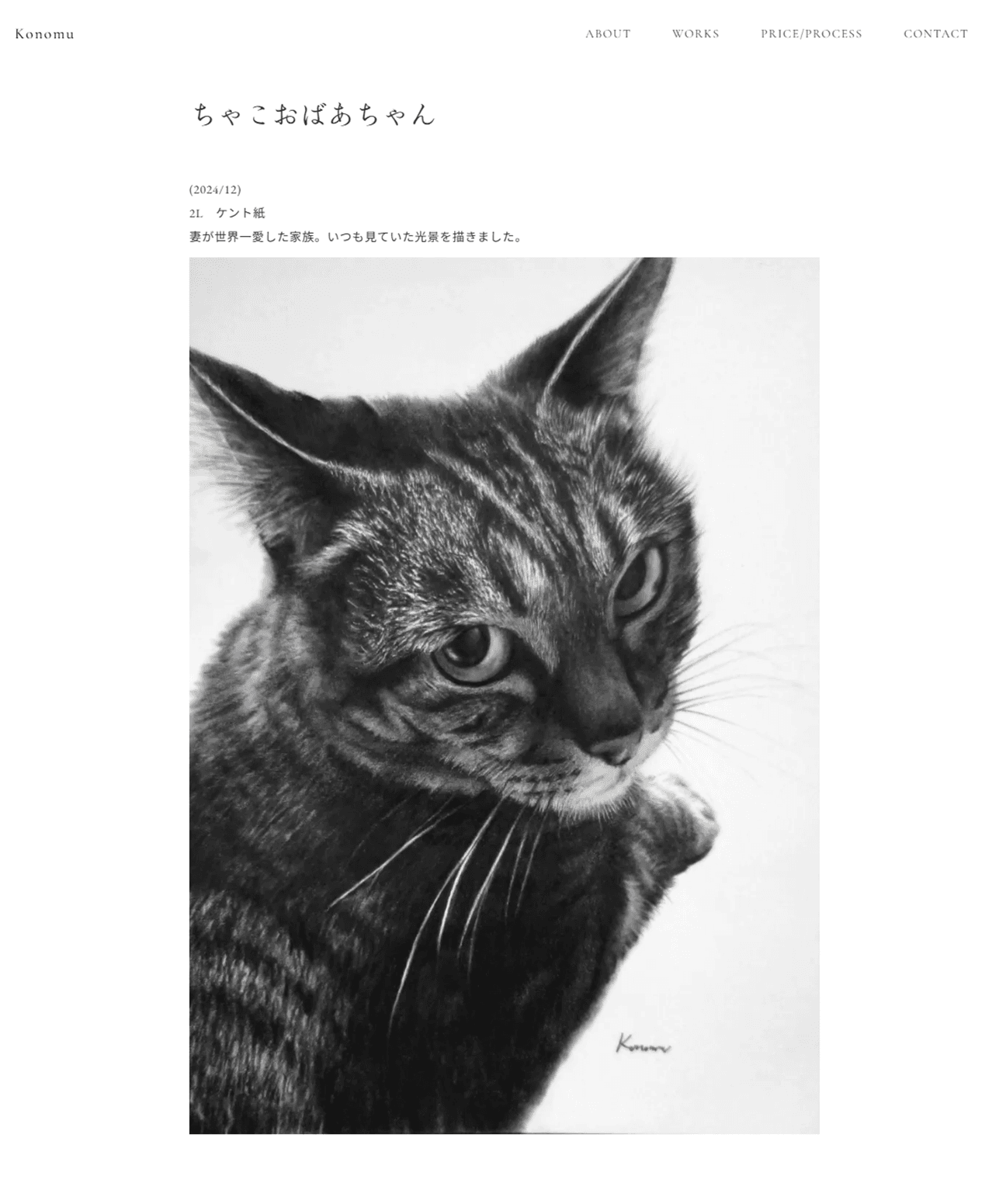 鉛筆画家Konomuさんのポートフォリオサイトのスクリーンショット。ファーストビューには鉛筆で描かれた猫の絵。繊細なタッチで写真と見間違うほどの鉛筆画。猫のイラストのアップ。