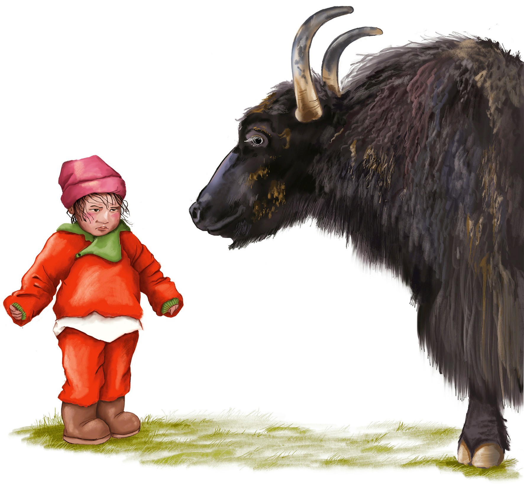 Ein kleines Mädchen steht vor einem Yak