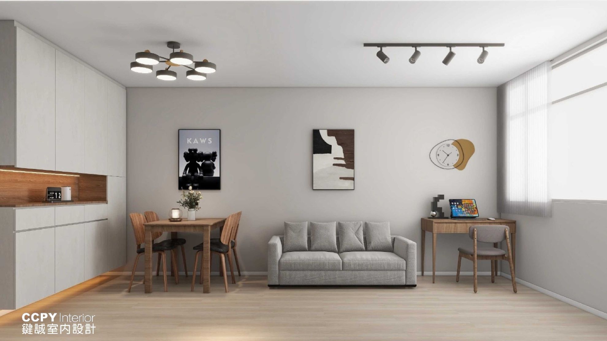 Living room with modern furniture and decor.