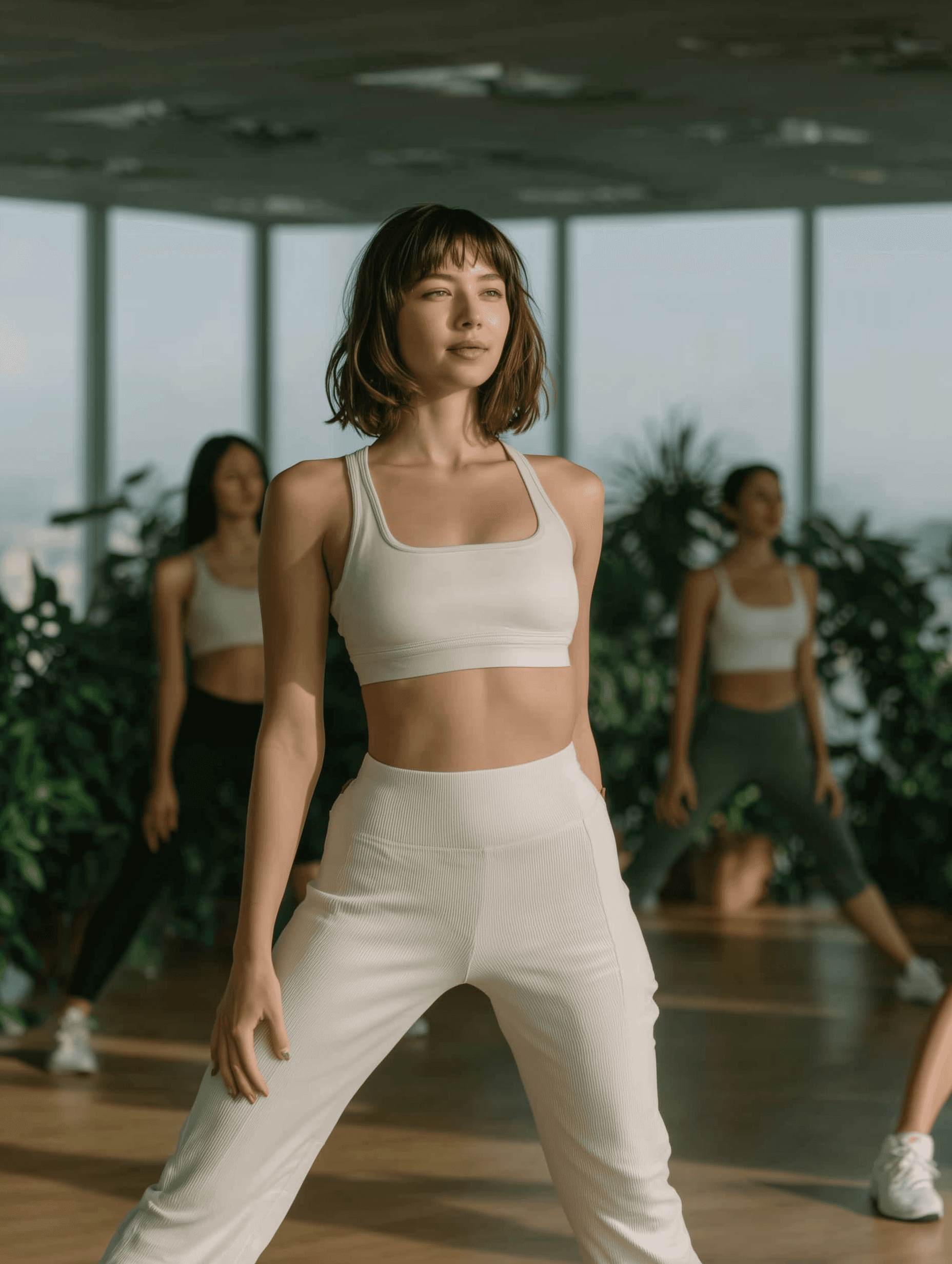 A woman in motion during a yoga session in a light-filled modern room with large windows, wood floors