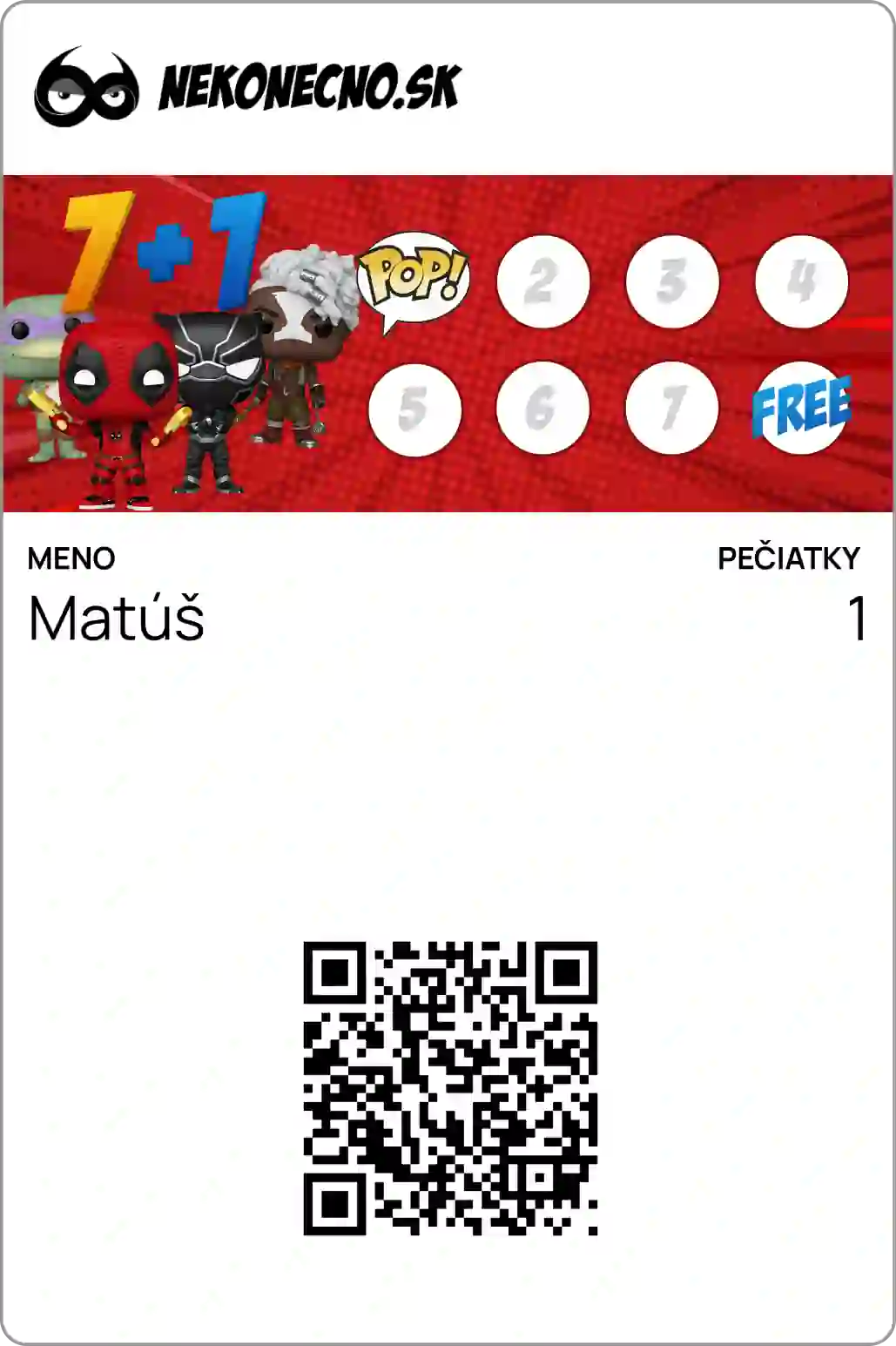 Zberateľská vernostná karta obchodu Nekonecno.sk s akciou 7+1 Funko Pop figúrka zadarmo, červený dizajn s postavičkami a QR kódom
