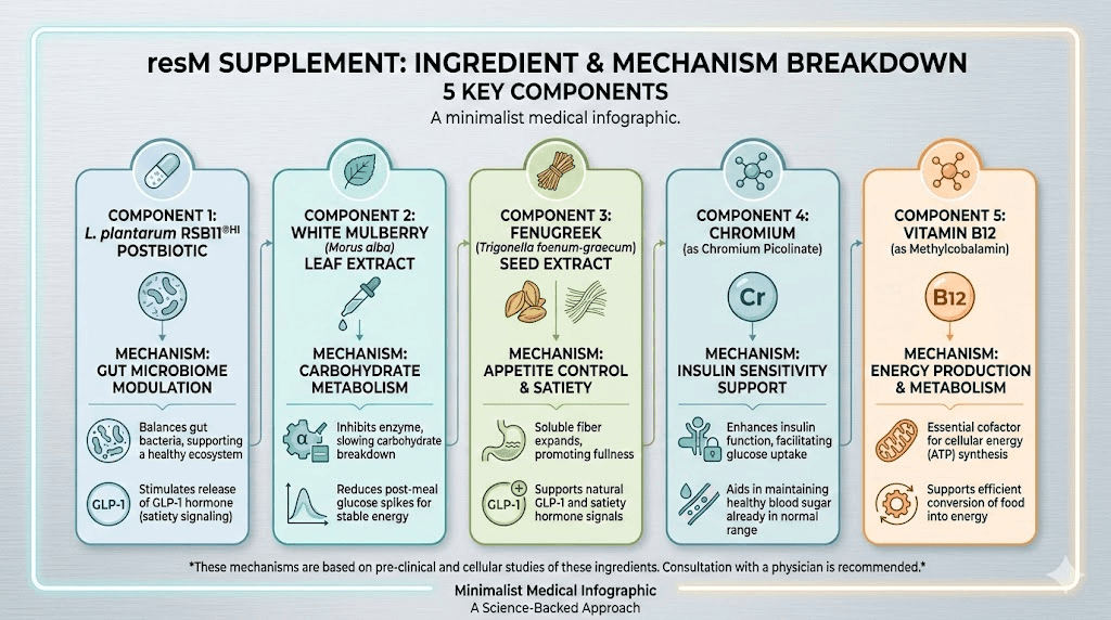 resM GLP-1 postbiotic ingredients breakdown with mechanisms of action