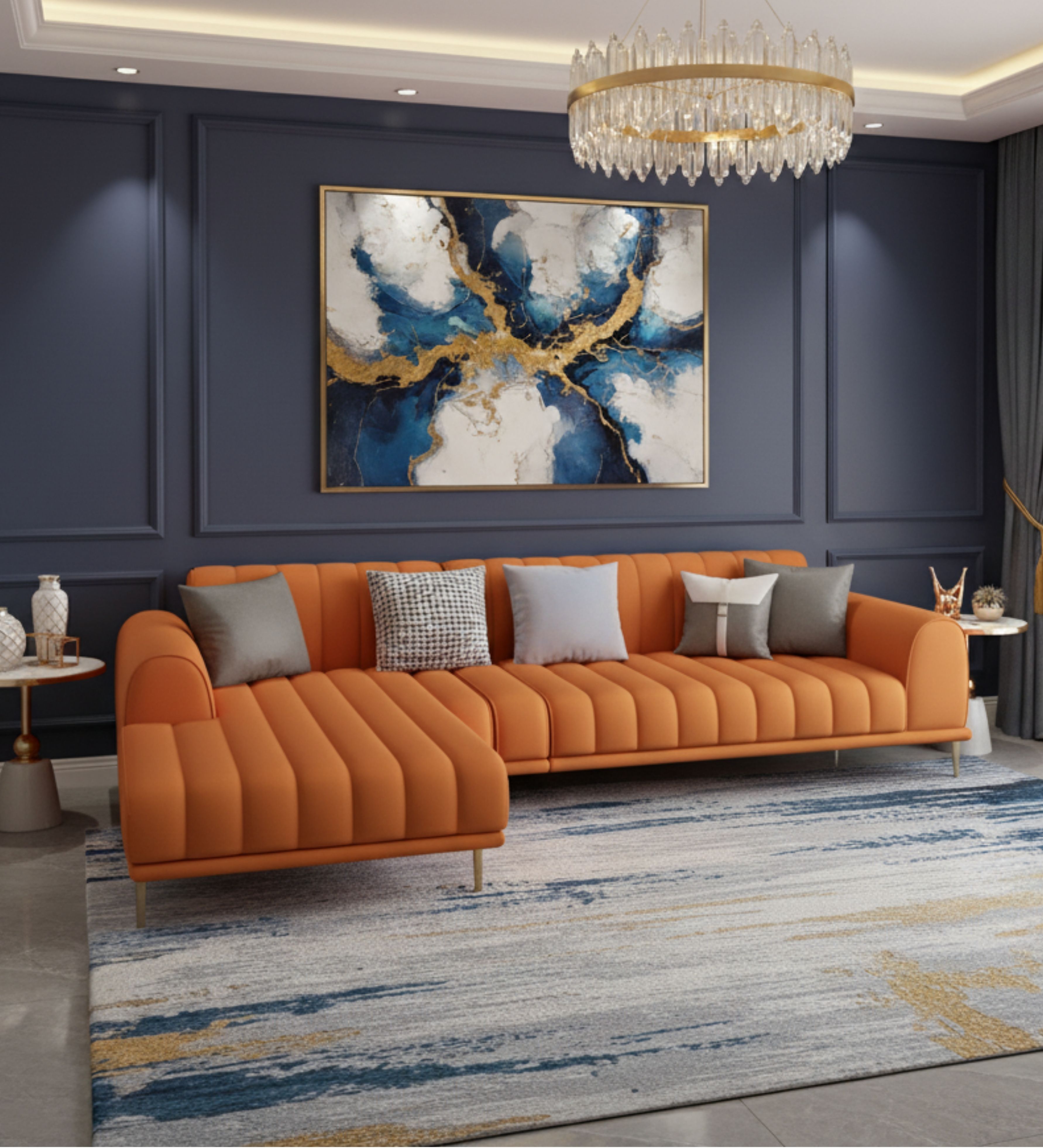 Channel‑tufted sectional sofa in rich orange tone with curved chaise design