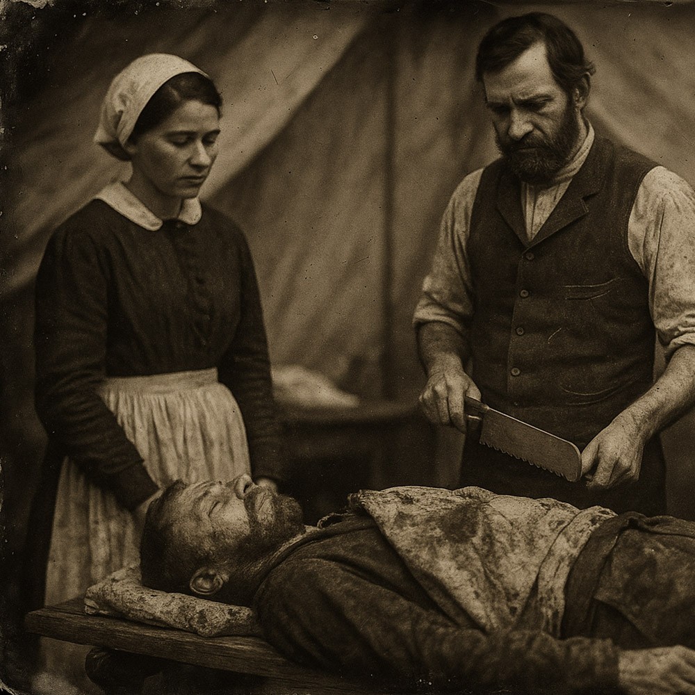 A vintage tintype photo showing a field tent with nurse and doctor holding a bonesaw and looking at a wounded solider.