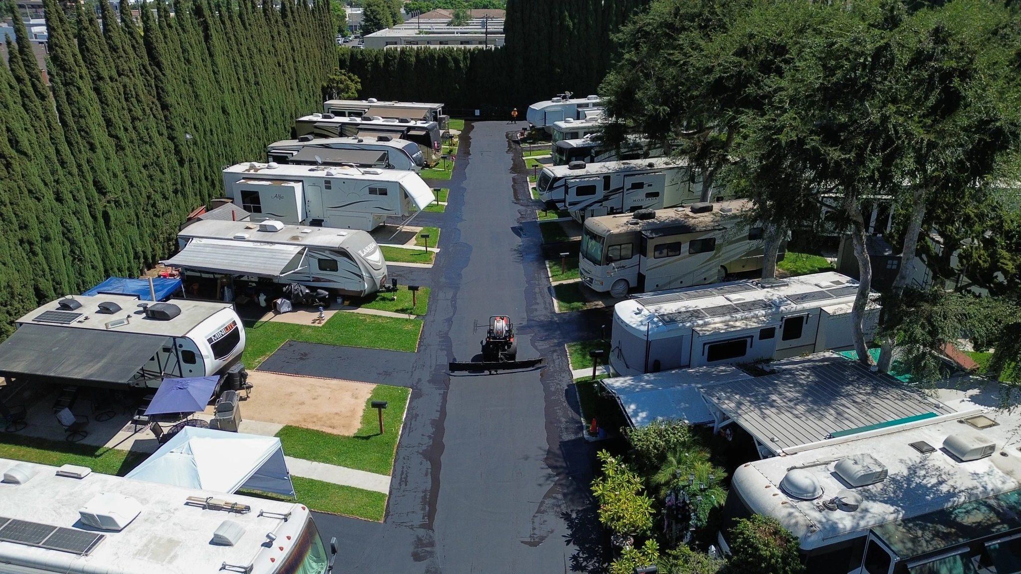 Aerial photo of mobile home park seal coating project