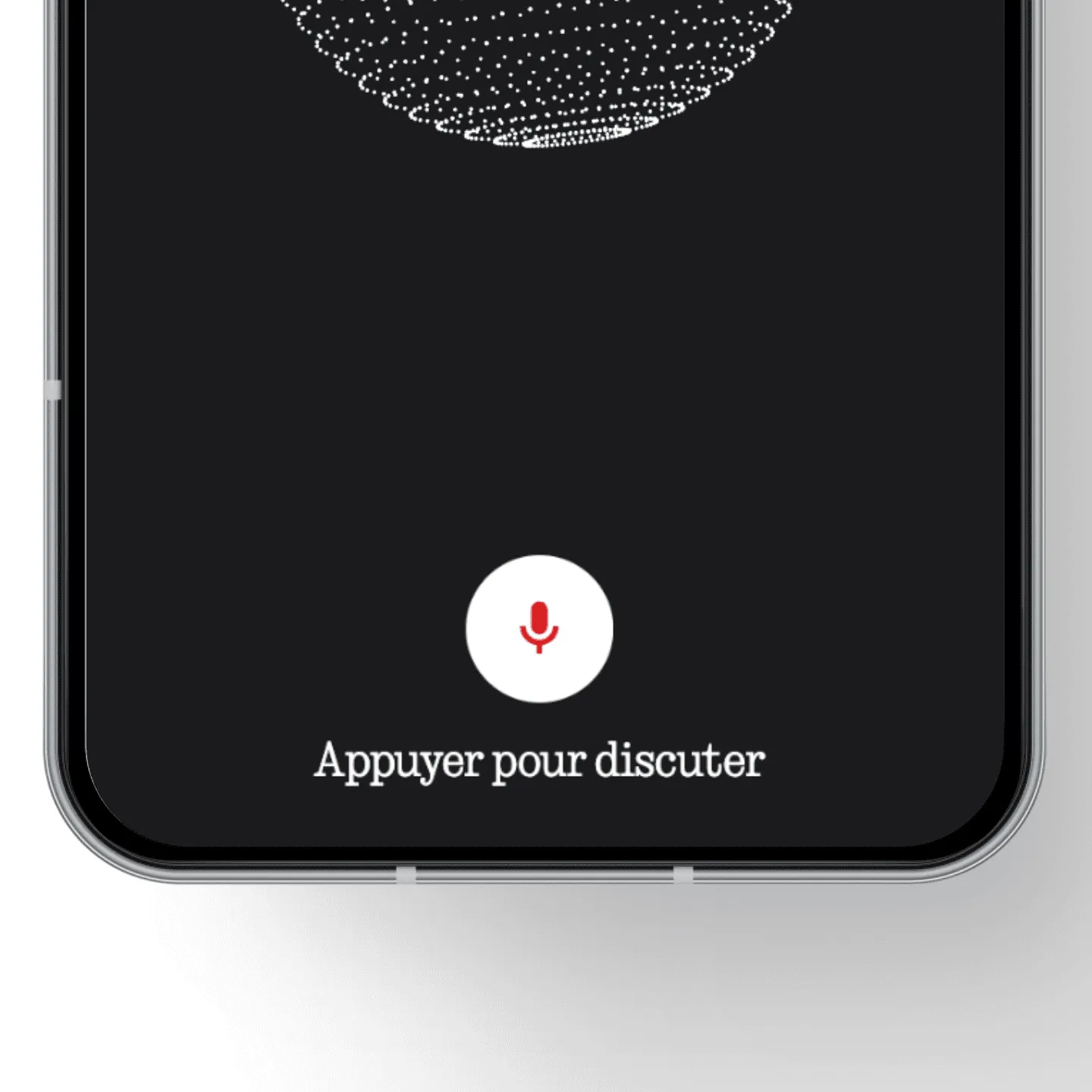 Smartphone affichant une interface vocale avec microphone rouge et texte "Appuyer pour discuter"