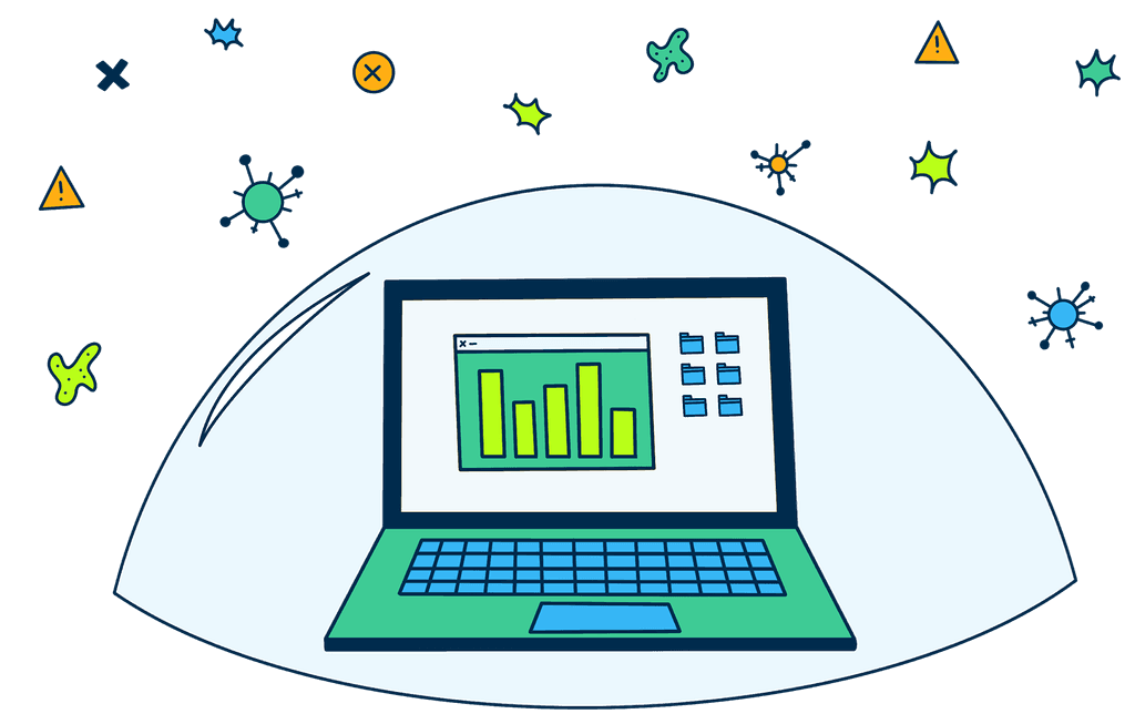 A laptop in a protective glass dome. The laptop's screen shows graphs and files representing data. Outside of the dome there are threats to the data protection. Illustration.