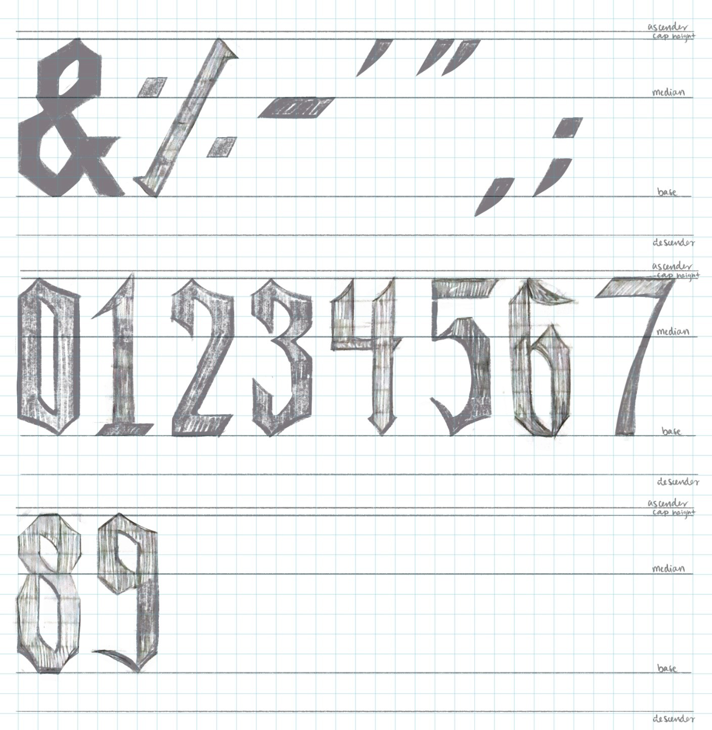 Refined sketches of uppercase blackletter numbers and symbols