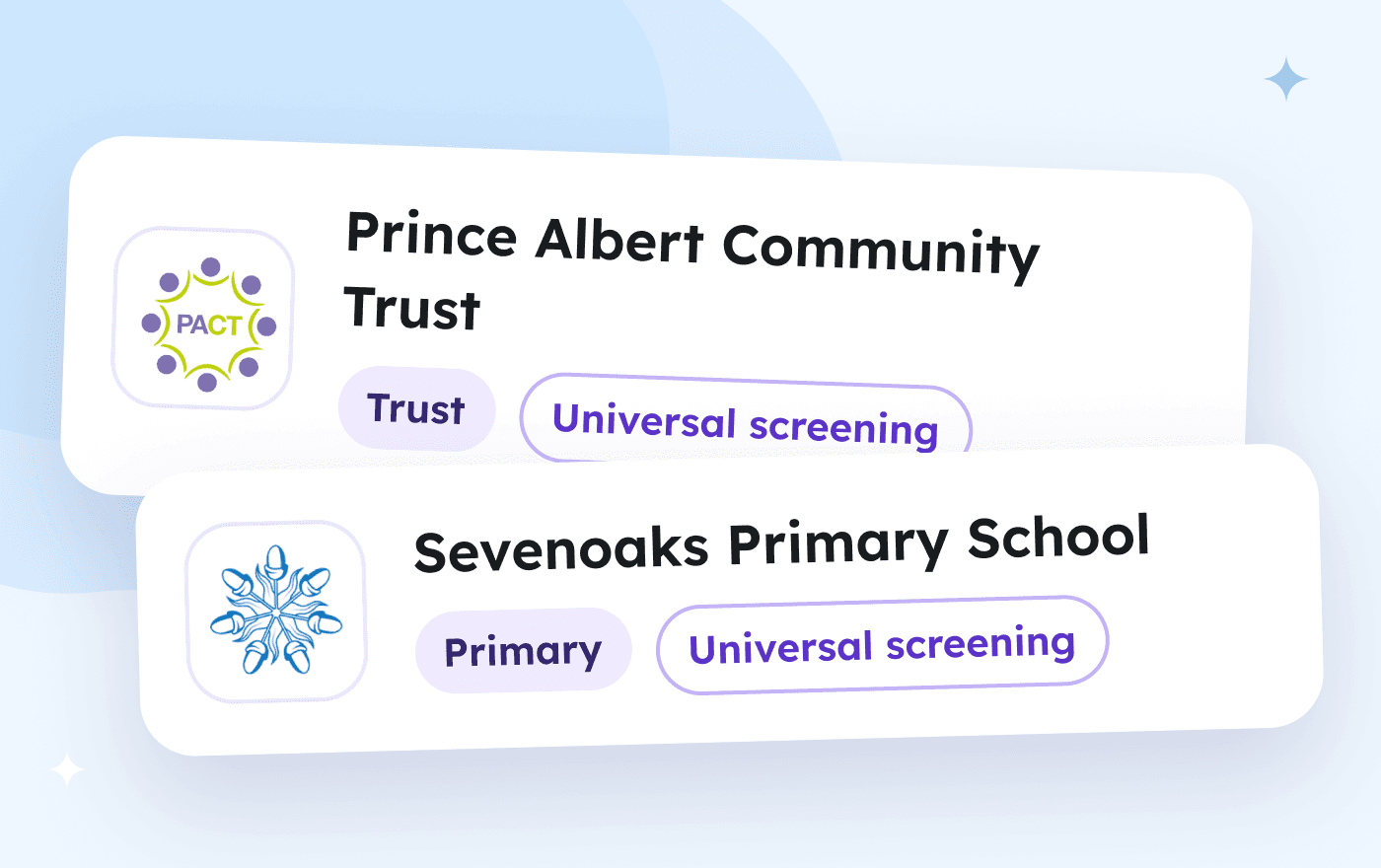 Illustration: case study cards for Prince Albert Community Trust and Sevenoaks Primary School, each with its logo.
