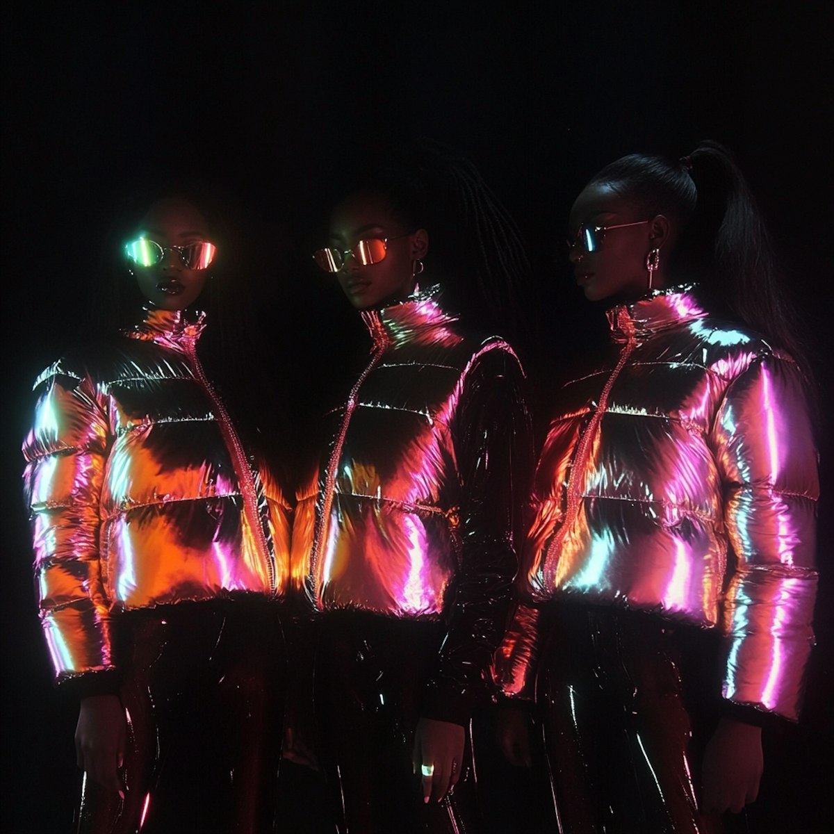 Three women in iridescent puffer jackets and mirrored sunglasses pose in vibrant lighting against a dark background.