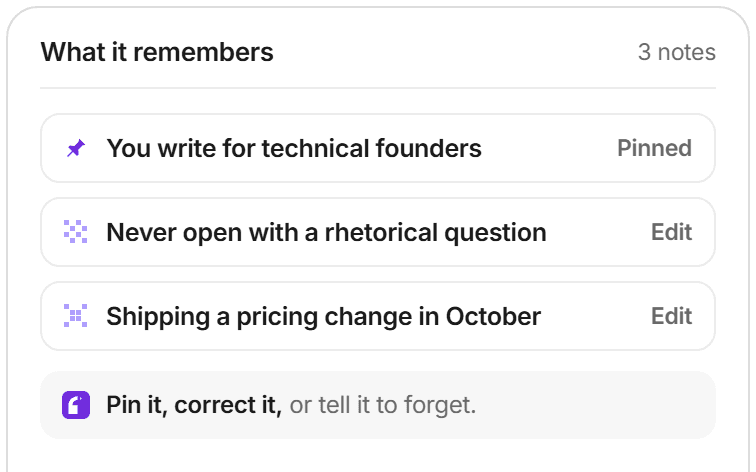 The list of what audenAI remembers from your chats, with a pinned note and edit options