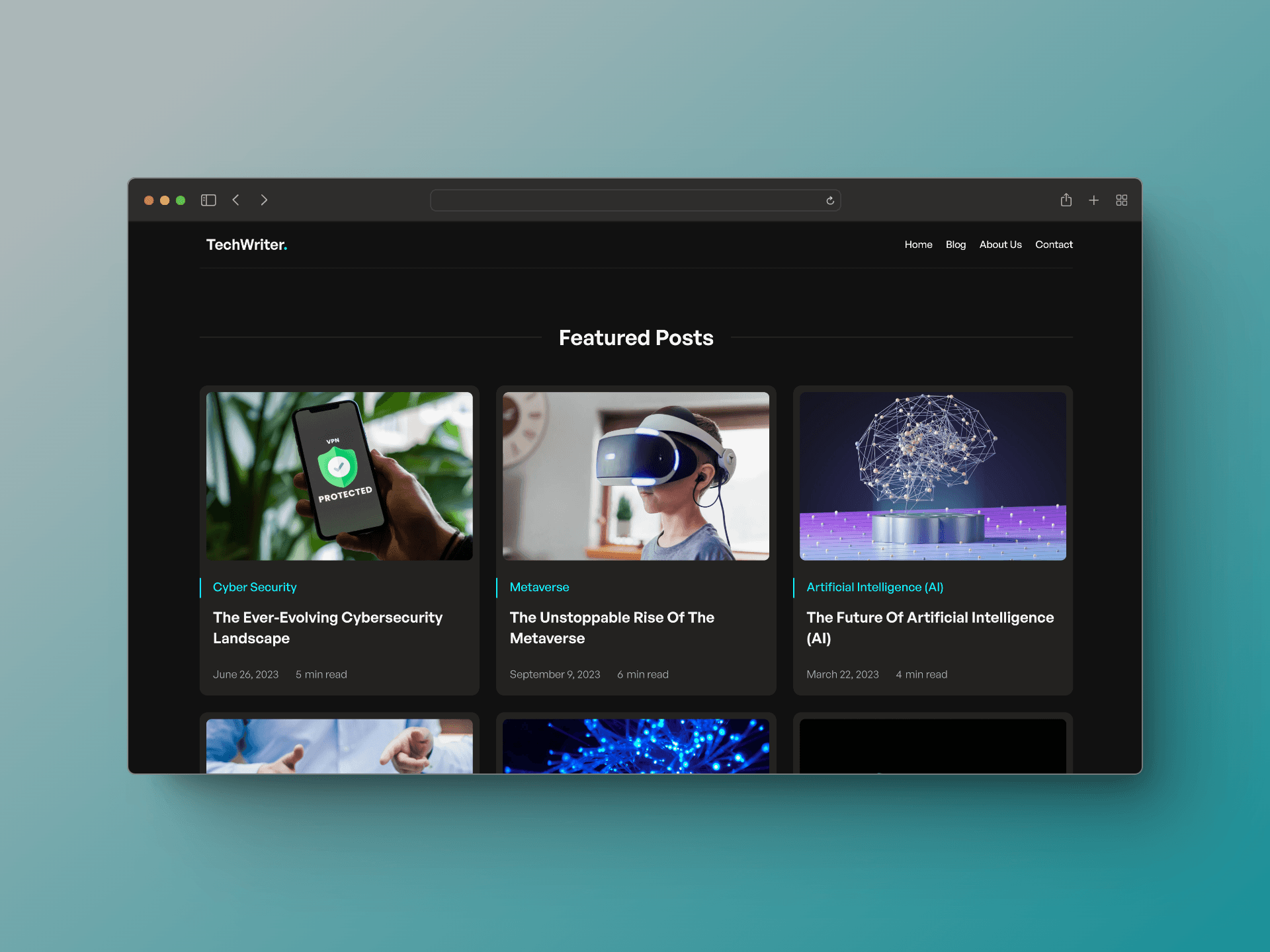 Homepage dark-themed design for a free blog template in Framer