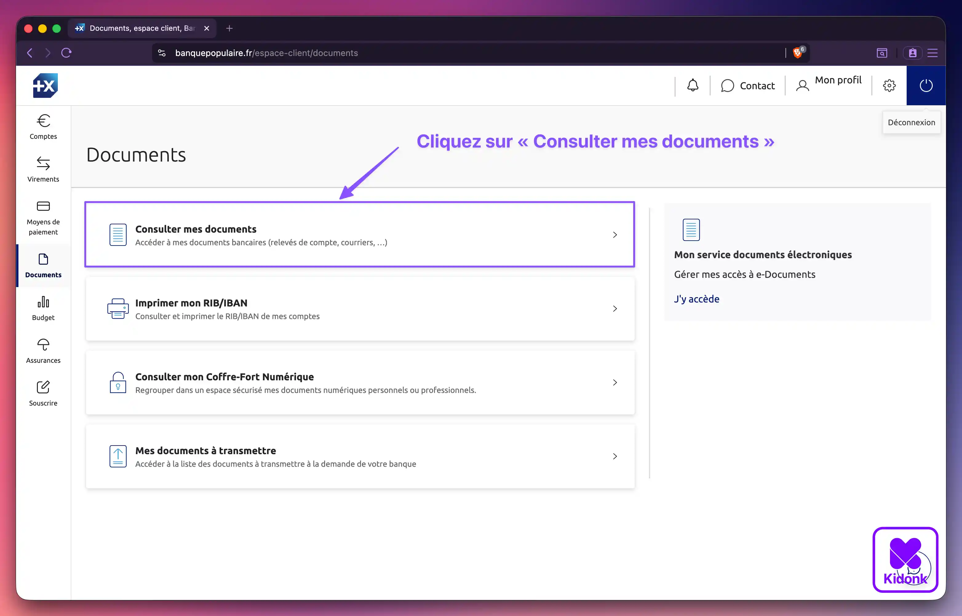 Navigateur web affichant la rubrique Documents de l'espace client Banque Populaire