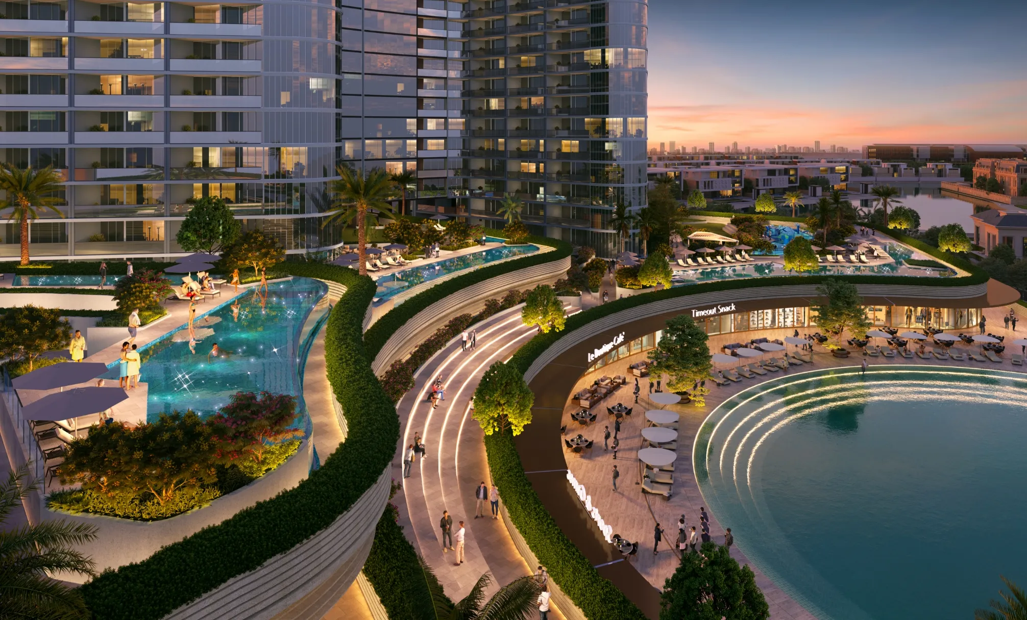 Aerial view of Dubai's future cityscape with the Skyvue Altier project, highlighting modern buildings and urban development.