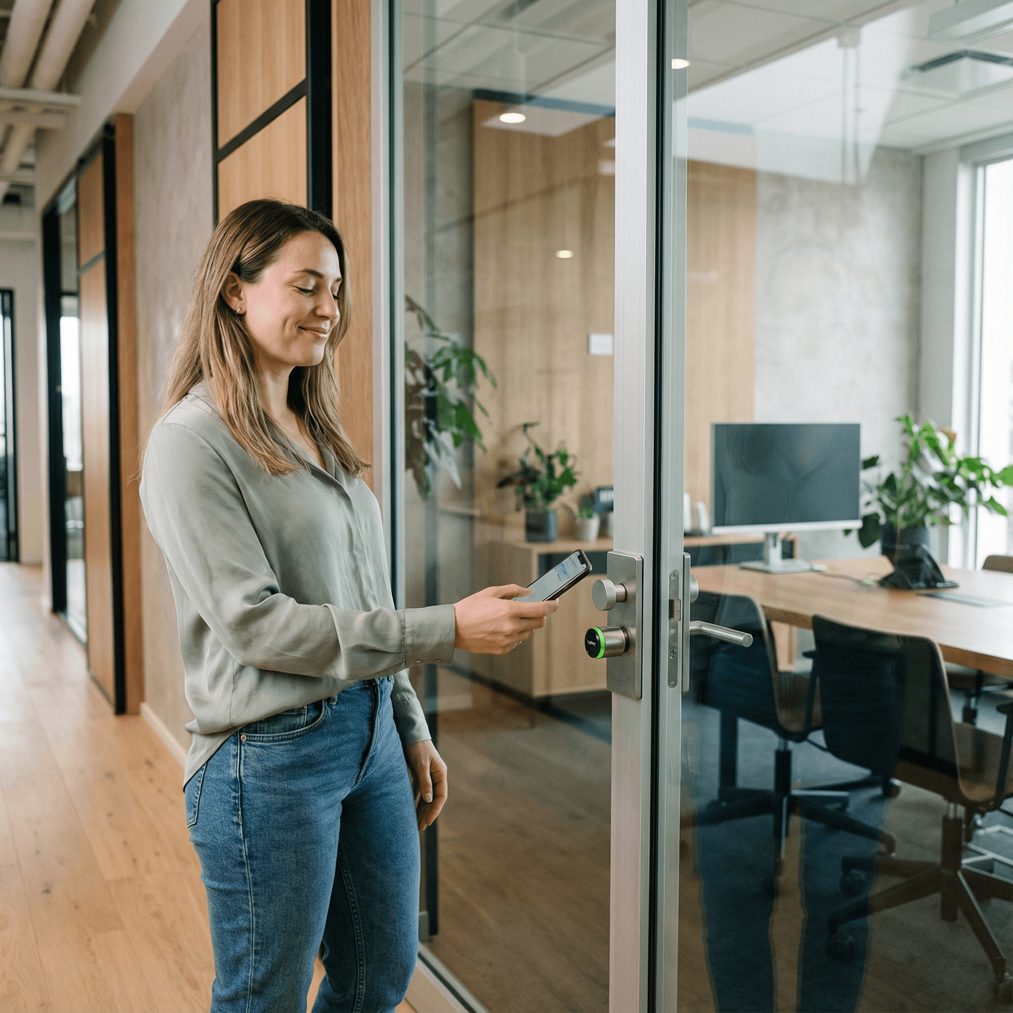 Eine Frau öffnet die Tür zum Meetingraum mit tapkey Smartlock per Smartphone
