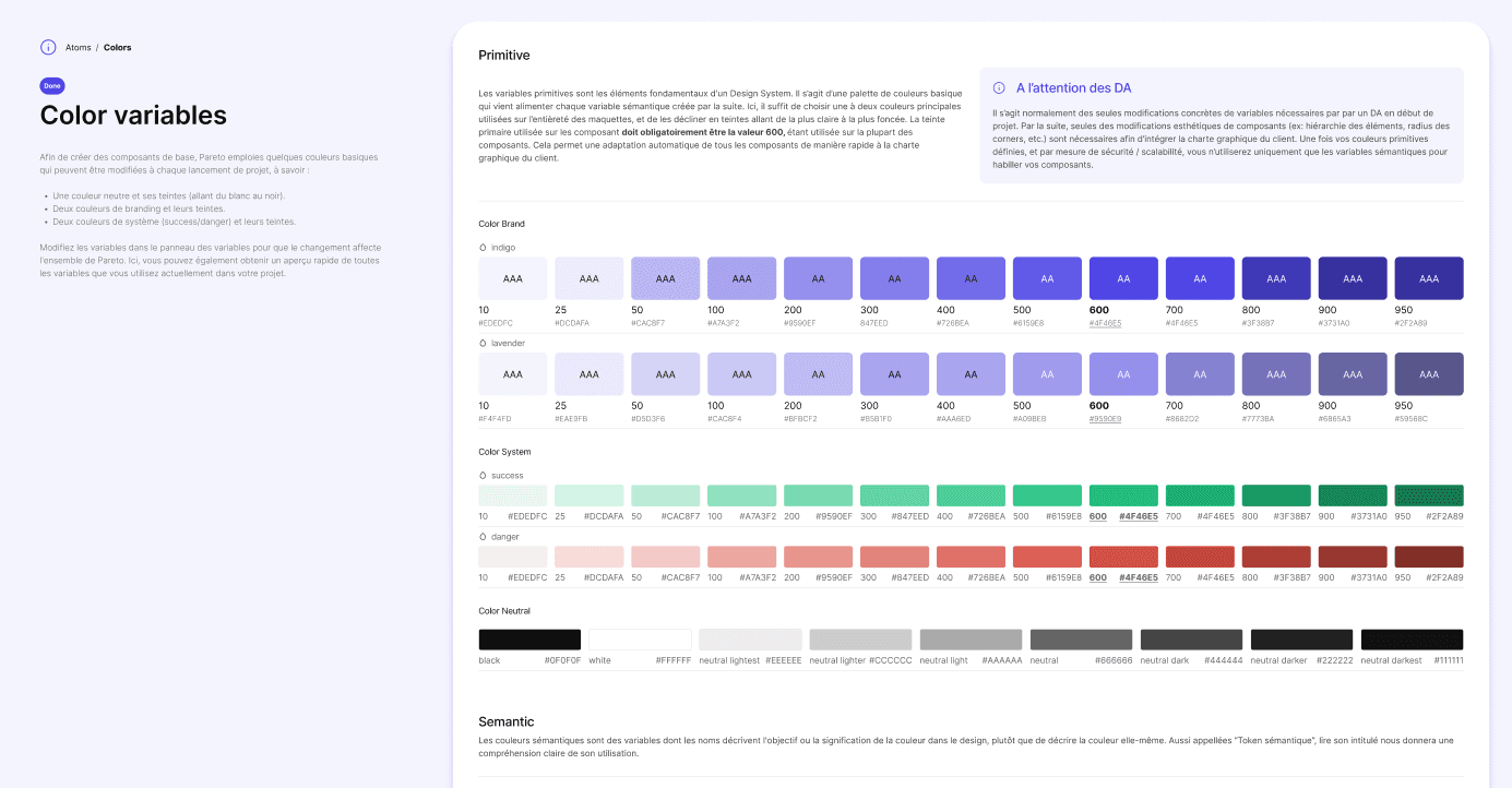 Des variables de couleurs au sein d'un Design System, détaillant les différentes teintes utilisables.