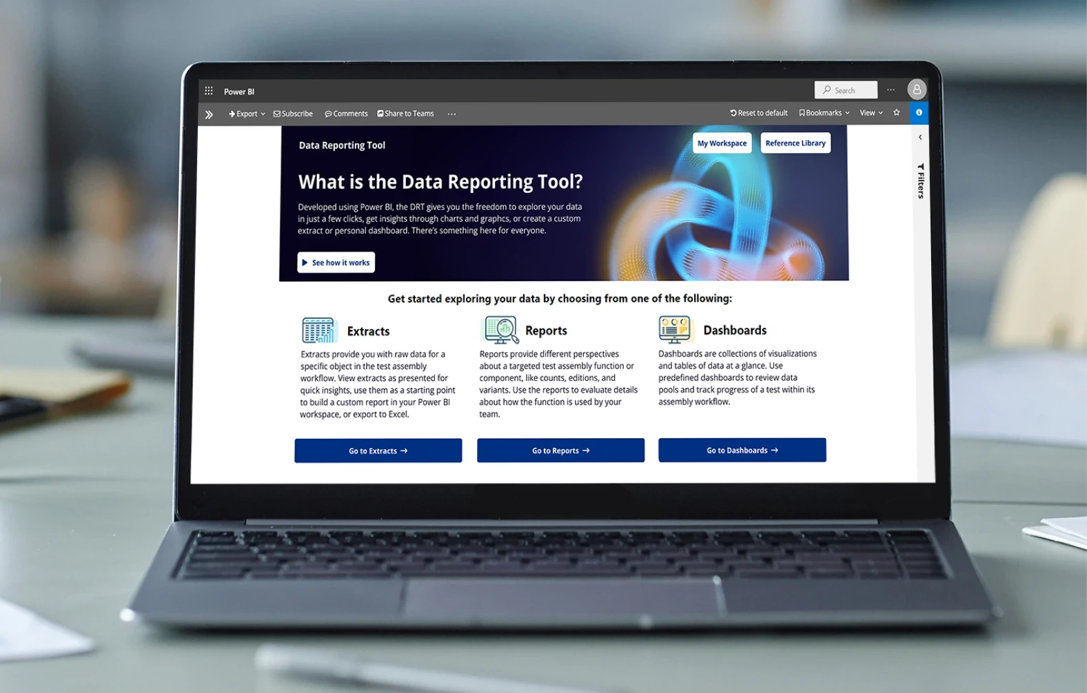 Laptop on a desk, displaying the Data Reporting Tool landing page