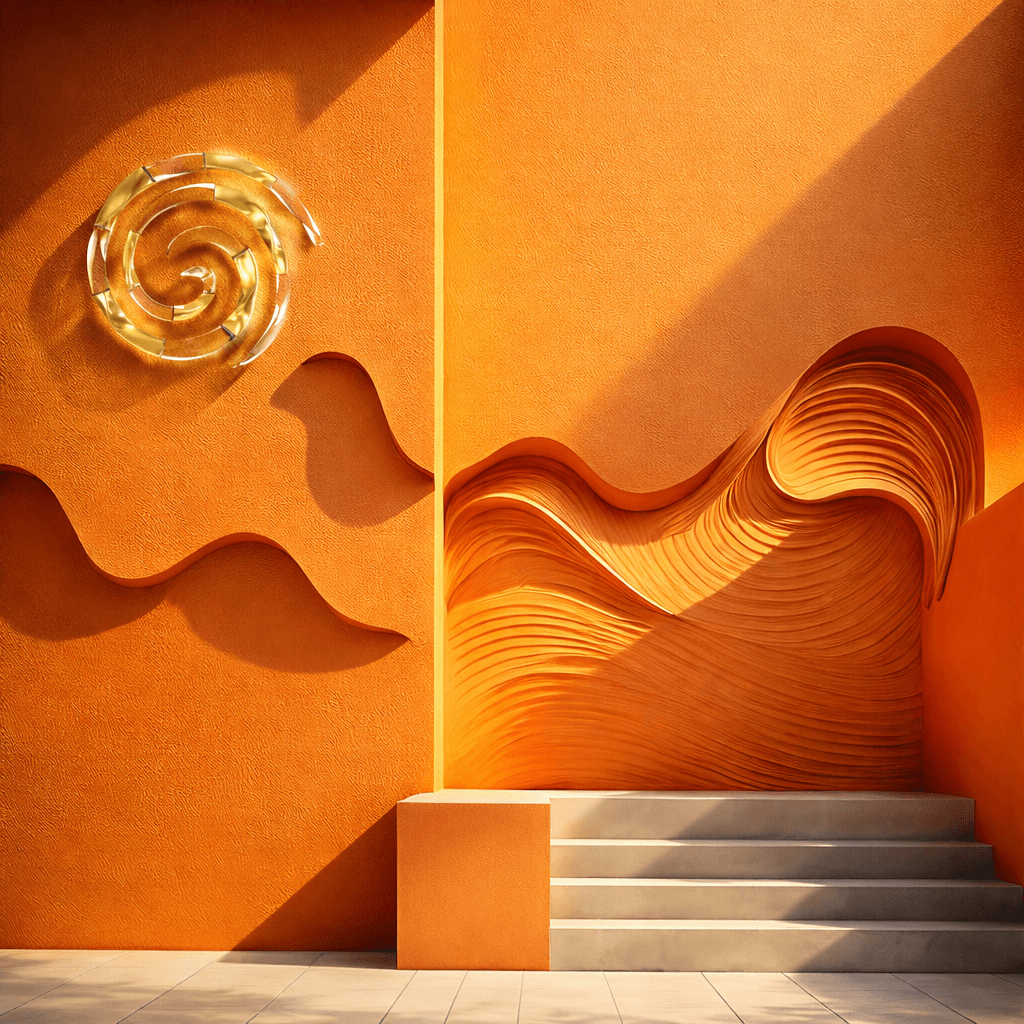 Artistic gold and glass wall sconce displayed on a sculptural orange architectural wall with flowing organic forms and warm sunlight.