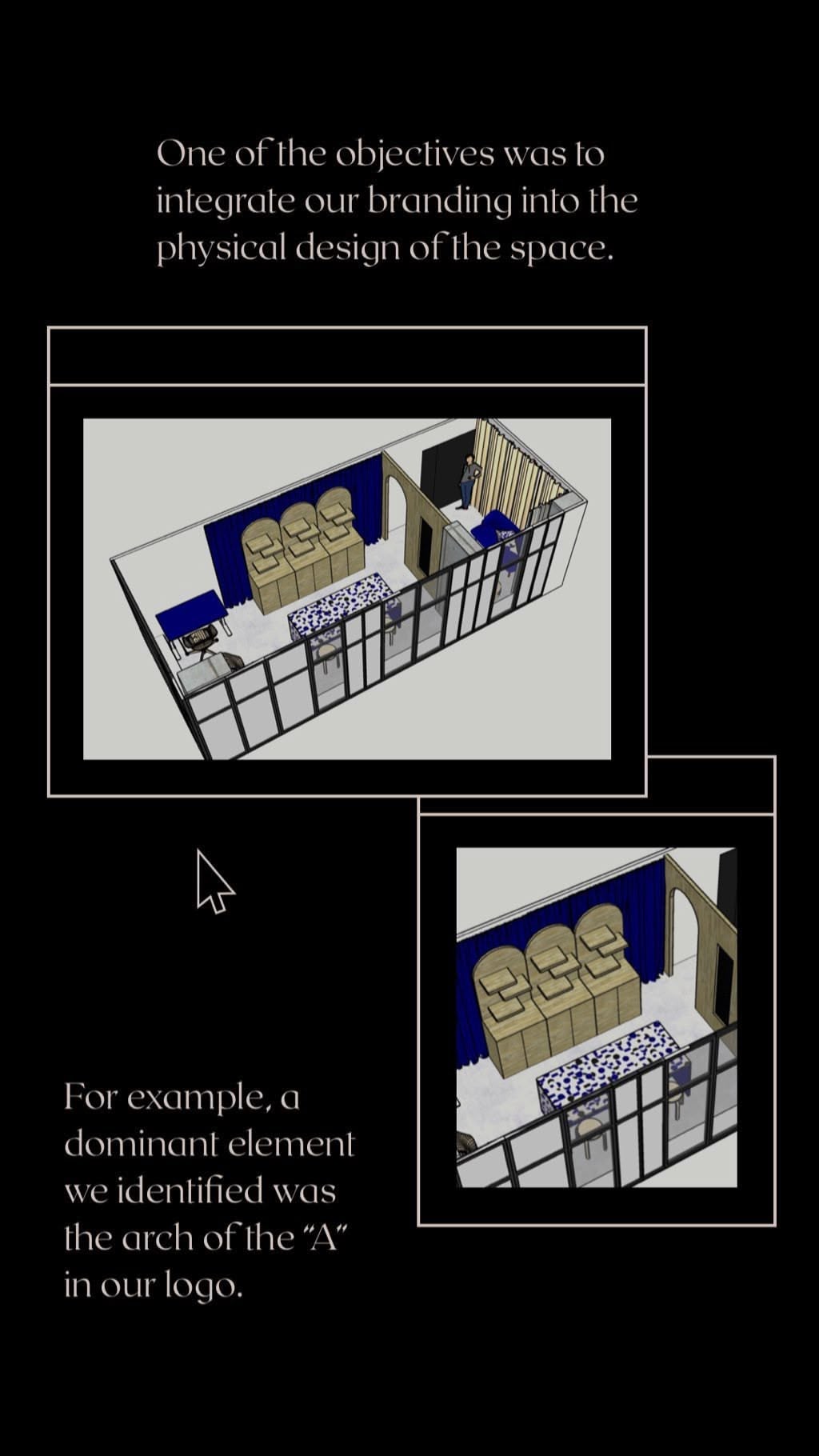 3D renders highlighting the design process and bespoke business connection in the office, with explanatory notes