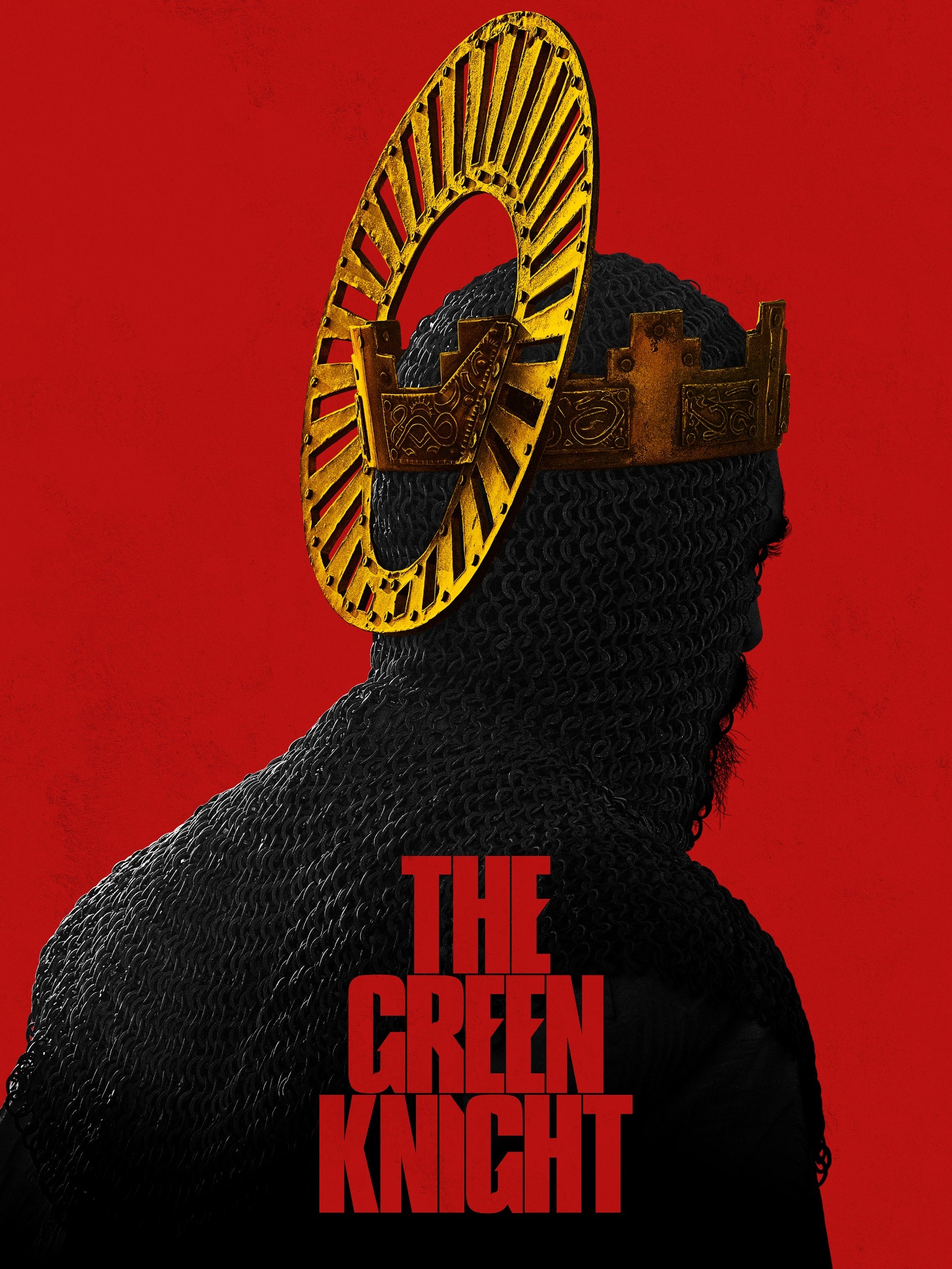 Movie poster for “The Green Knight” showing a knight in chainmail with a golden halo-like crown on a red background.