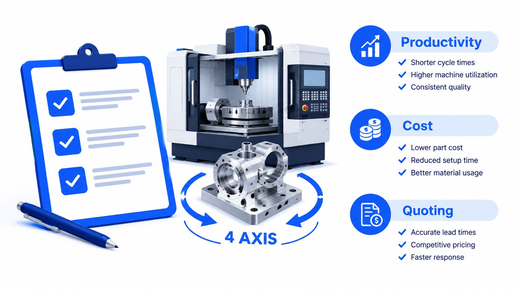 A 3D graphic showing a 4-axis CNC milling machine, a metal part, a clipboard, and benefits list.