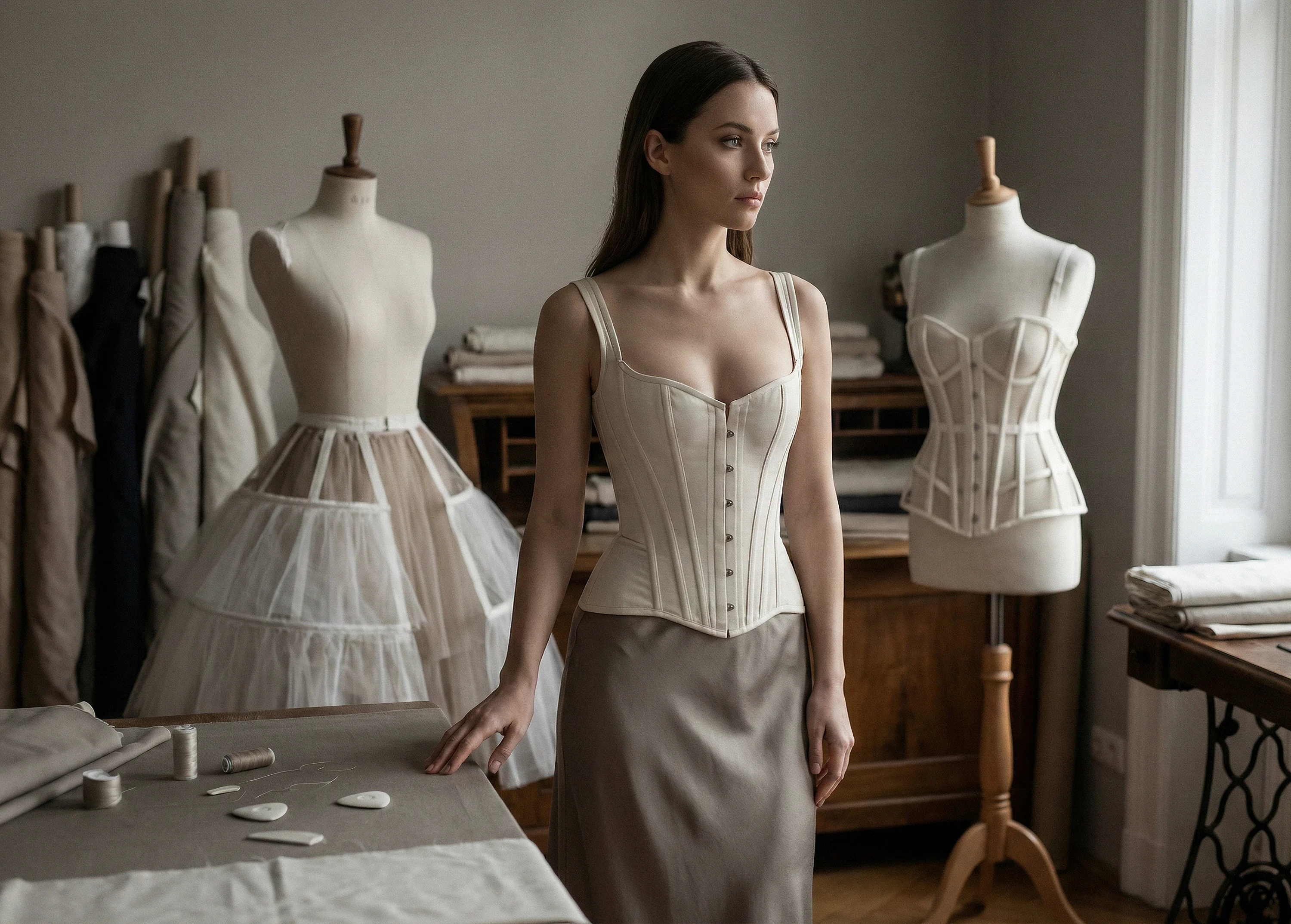 Woman in a cream corset standing in a studio beside dress forms.