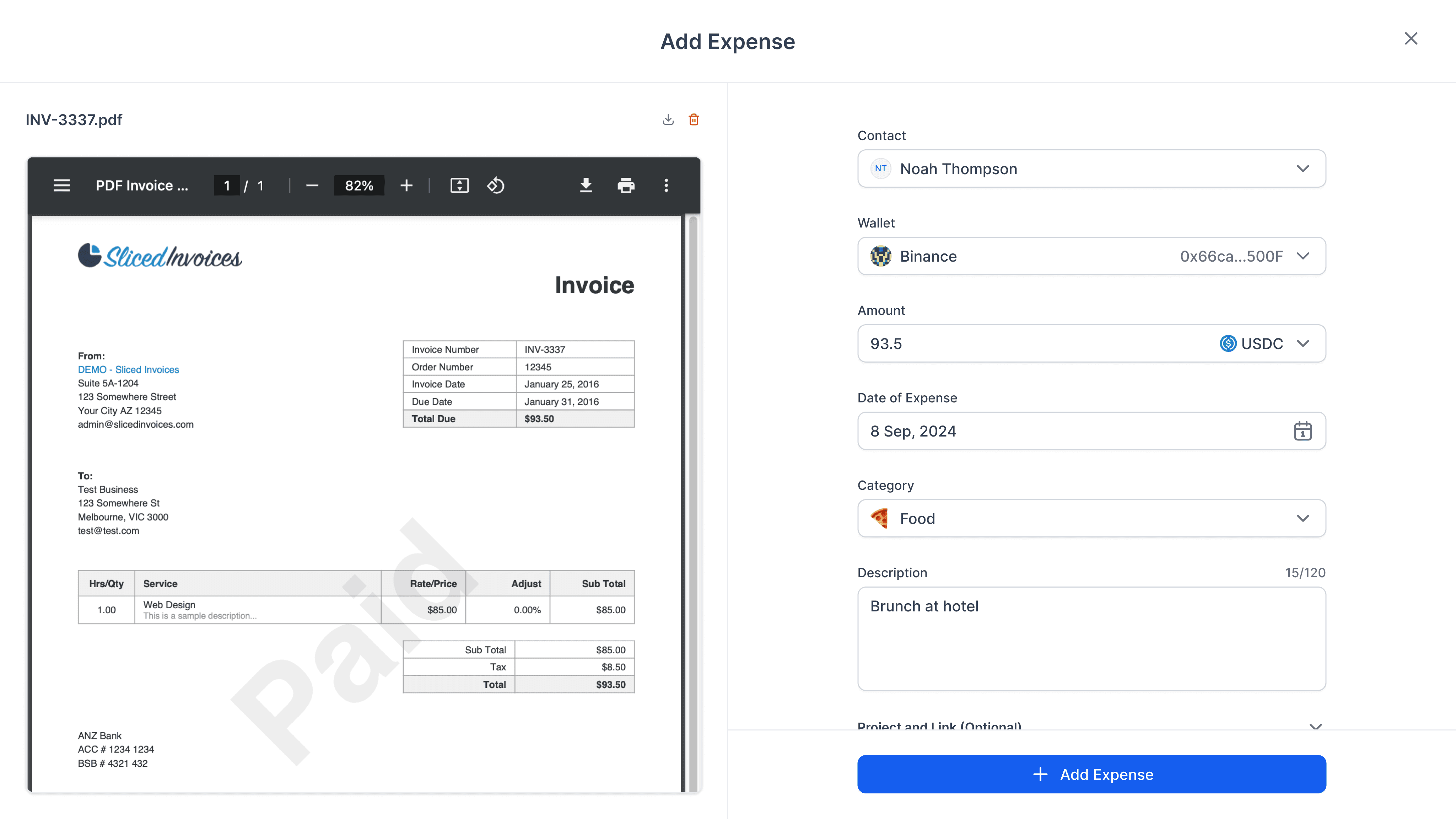 Add Expense form on Parcel.