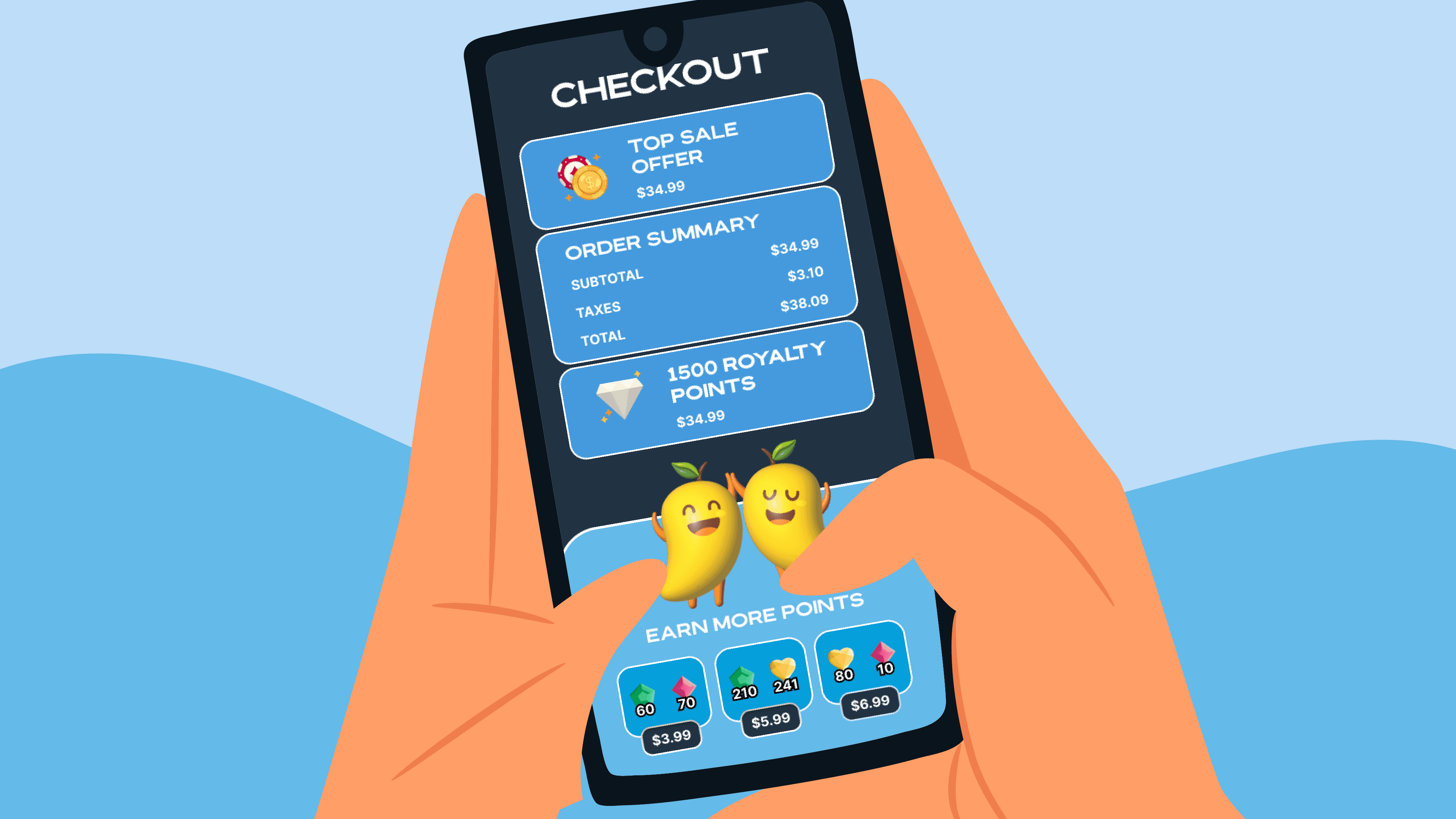 3D illustration of a hand holding a smartphone showing a "Checkout" screen with an order summary and loyalty points.