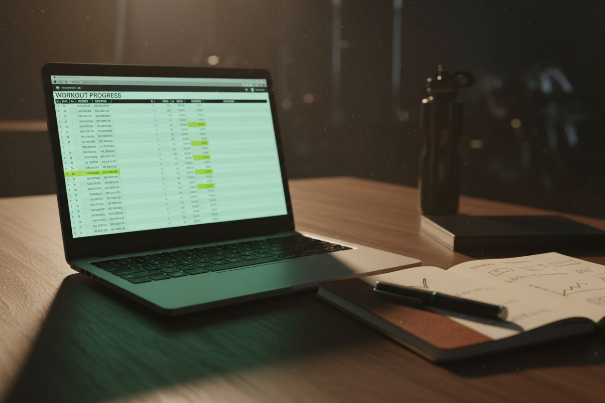 Notebook and laptop with workout spreadsheet