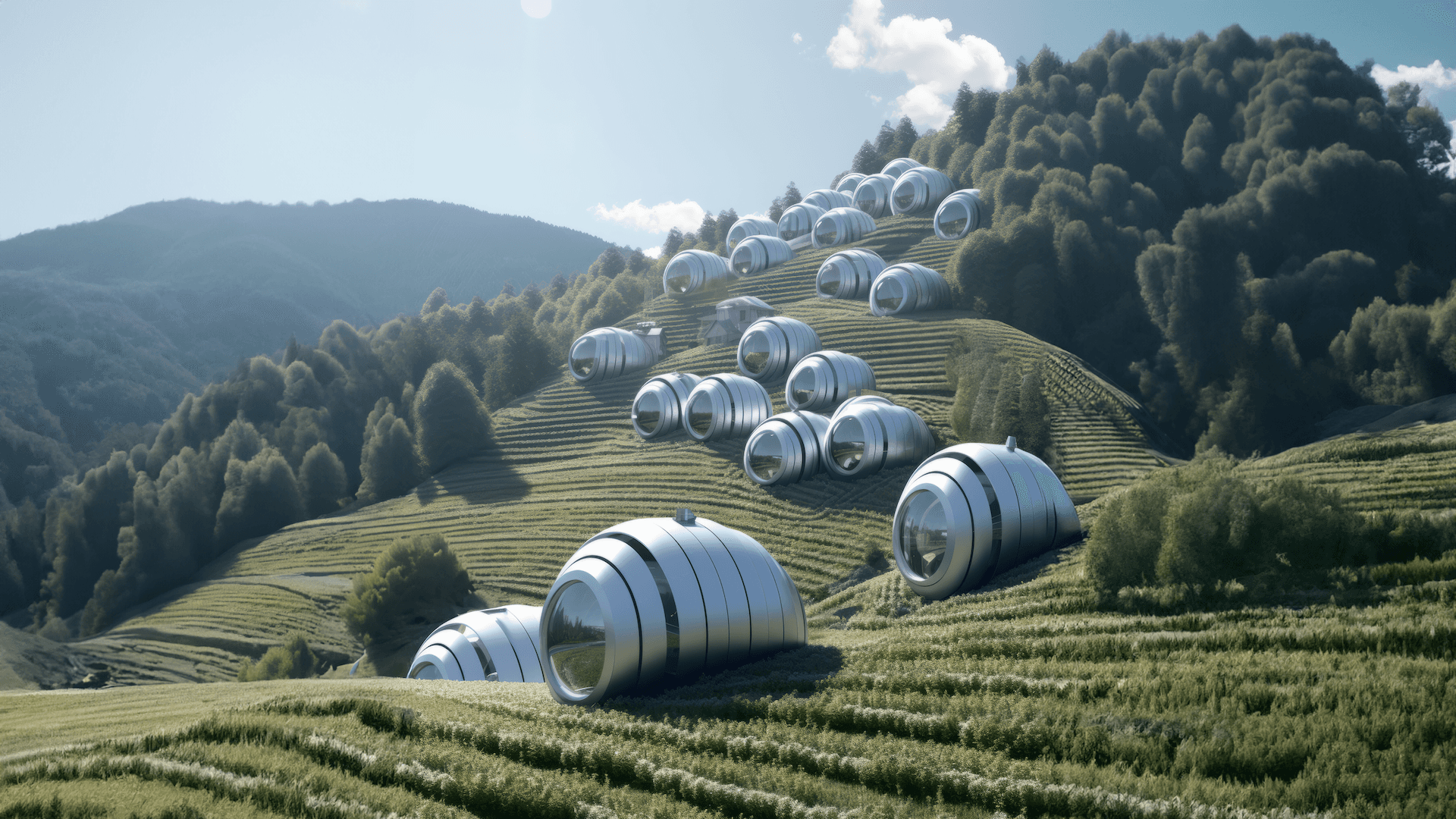 Barrel-shaped modular homes cascading down a lush terraced hillside generated with Midjourney  - Will Garner x Midjourney