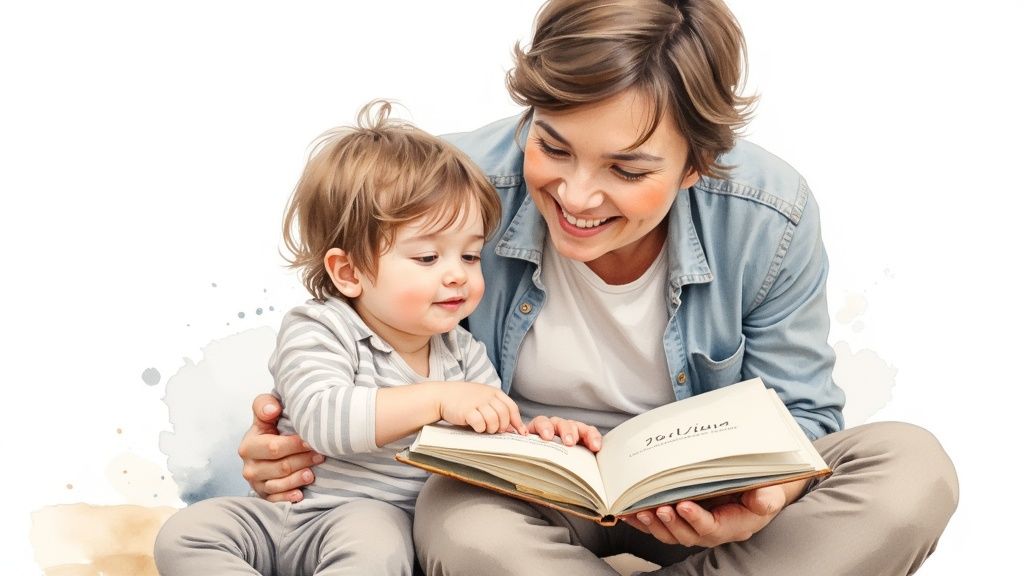 Mother and toddler reading personalized storybook together, bonding through shared reading experience