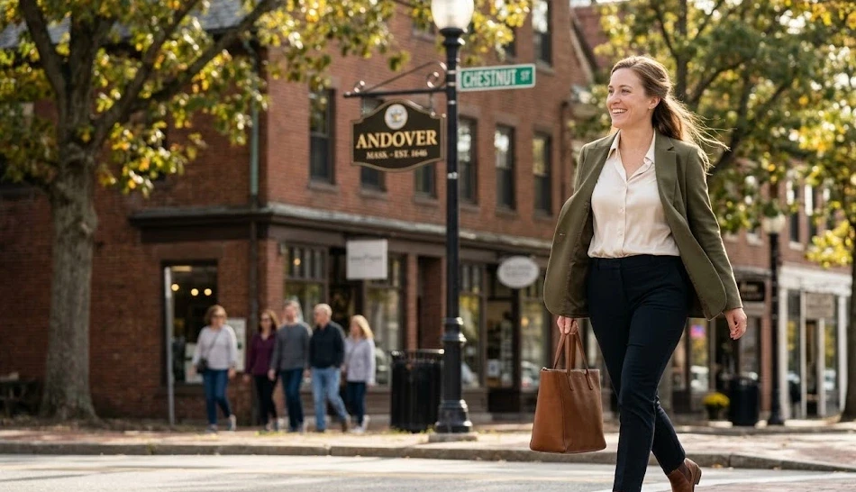 A professional woman walks through downtown Andover MA, looking healthy and resilient amid seasonal shifts, symbolizing strong immunity and hydration.