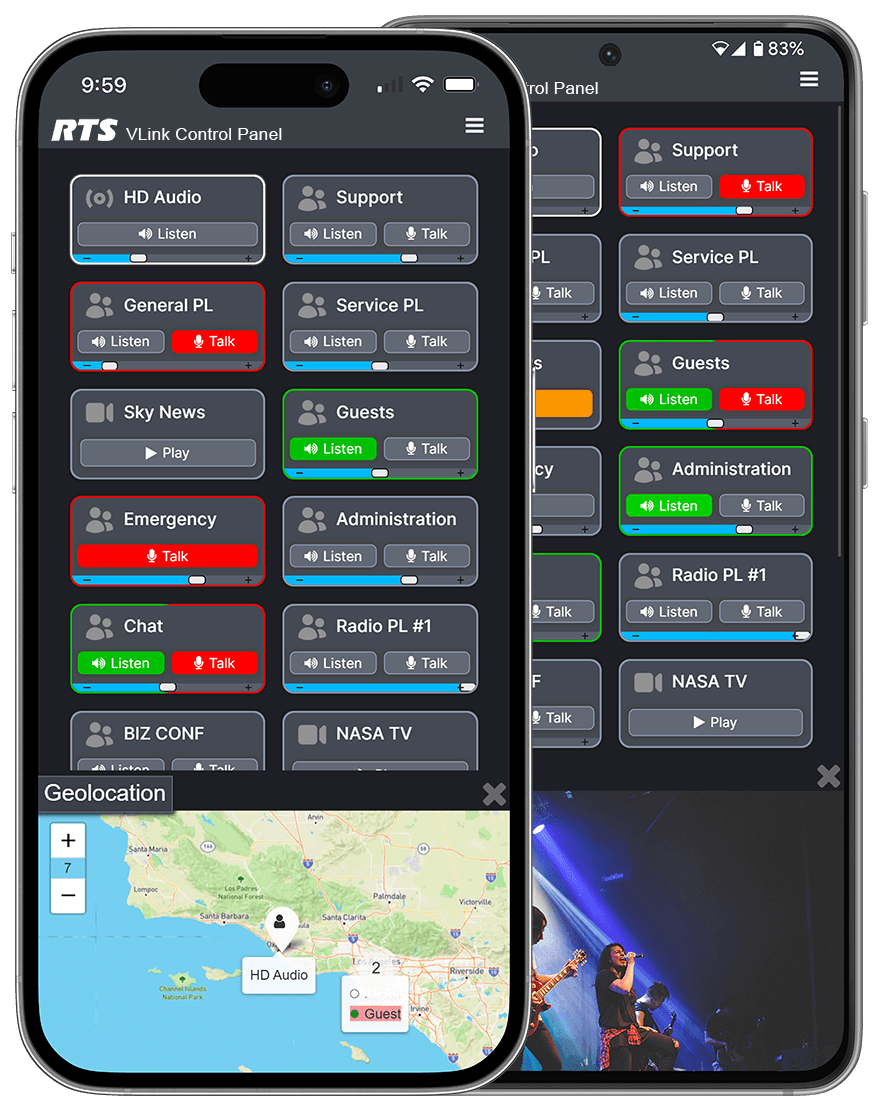RTS VLink WebRTC Control Panel on an iPhone and Android phone