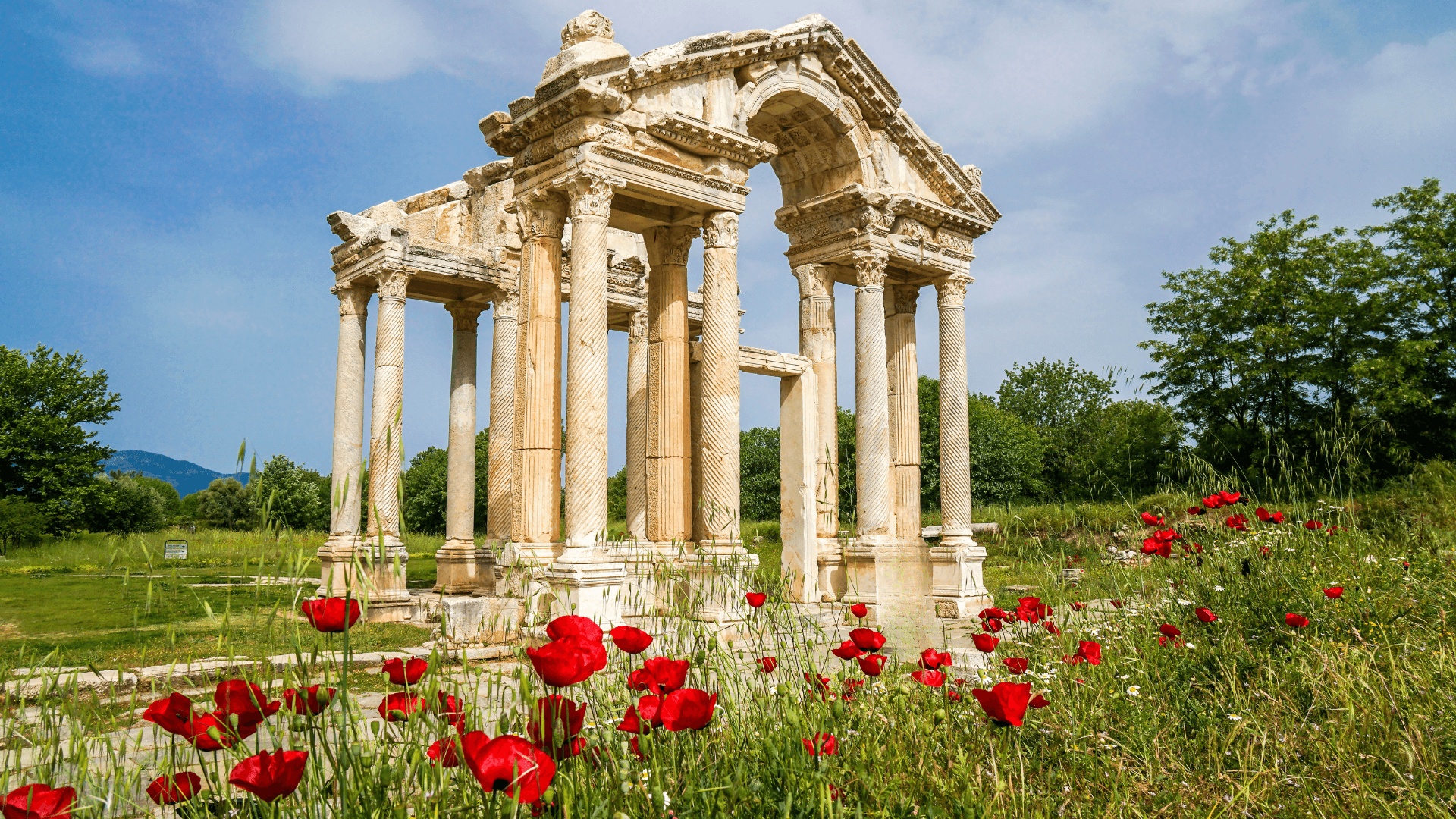 Ruins of the Tetrapylon in Aphrodisias, Türkiye — Ancient marble columns surrounded by blooming red poppies under a bright blue sky.