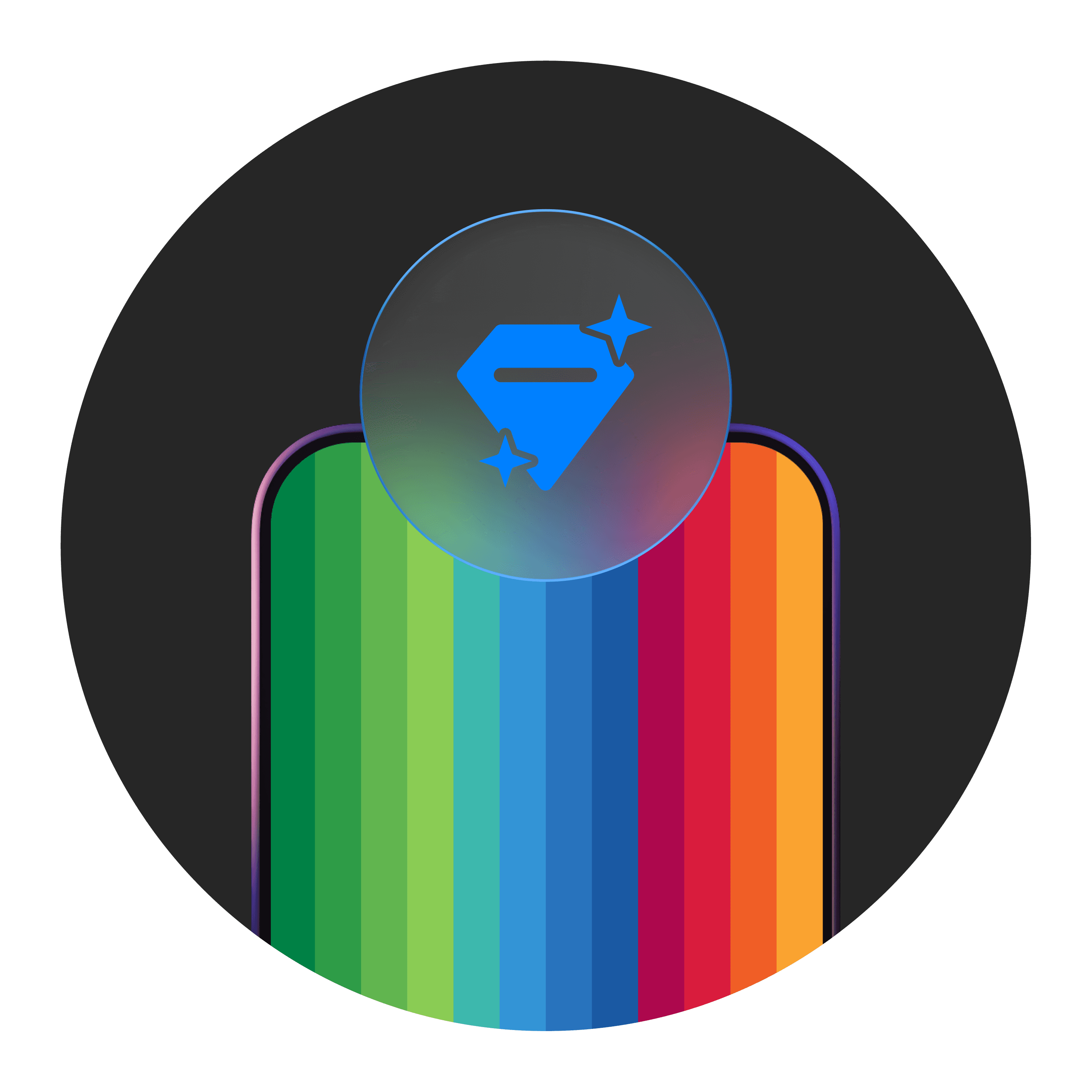 Handy mit Regenbogen-Bildschirm unter einem funkelnden blauen Diamant-Badge