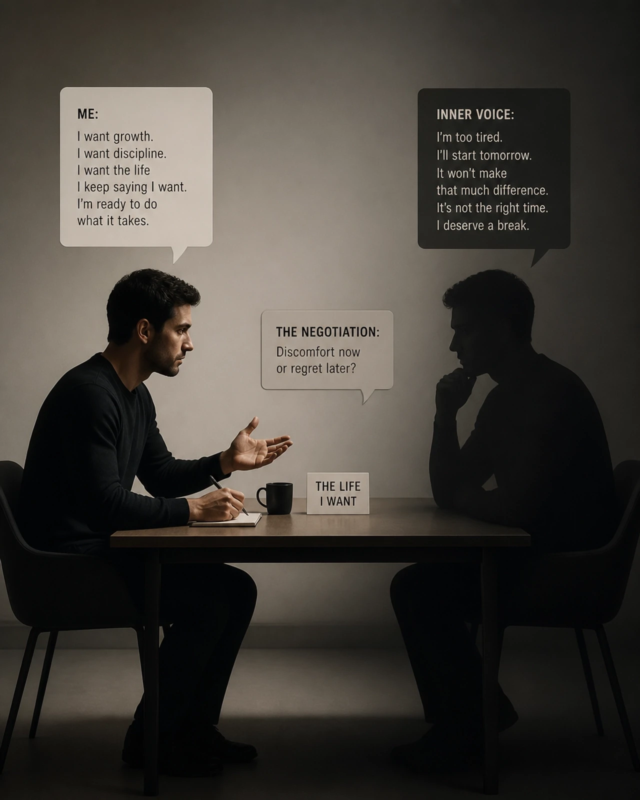 A conceptual image of a person at a desk, negotiating with a shadowy version of themselves, representing internal excuses and the struggle of self-accountability.