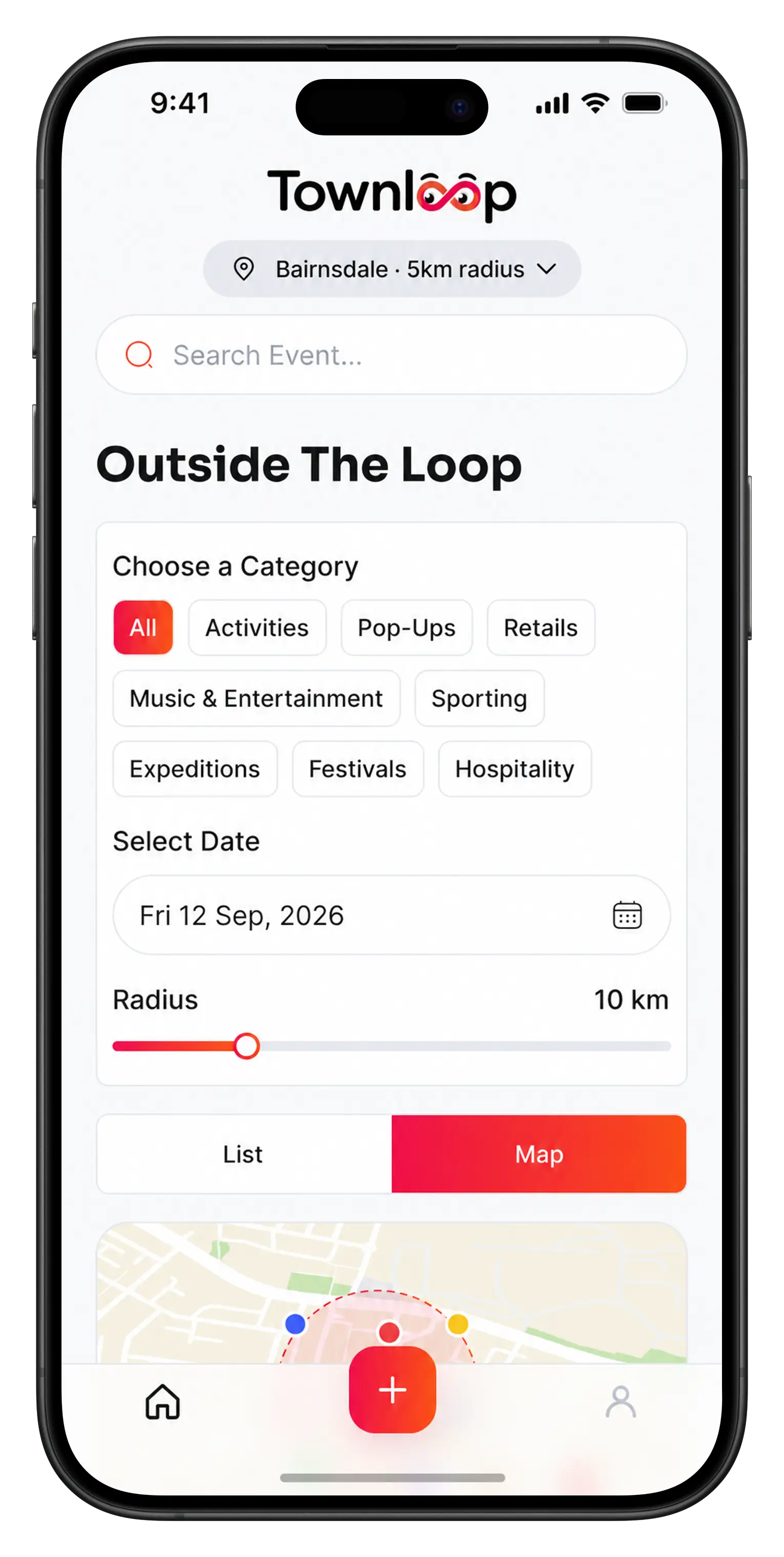 Townloop app screen showing nearby events on a map