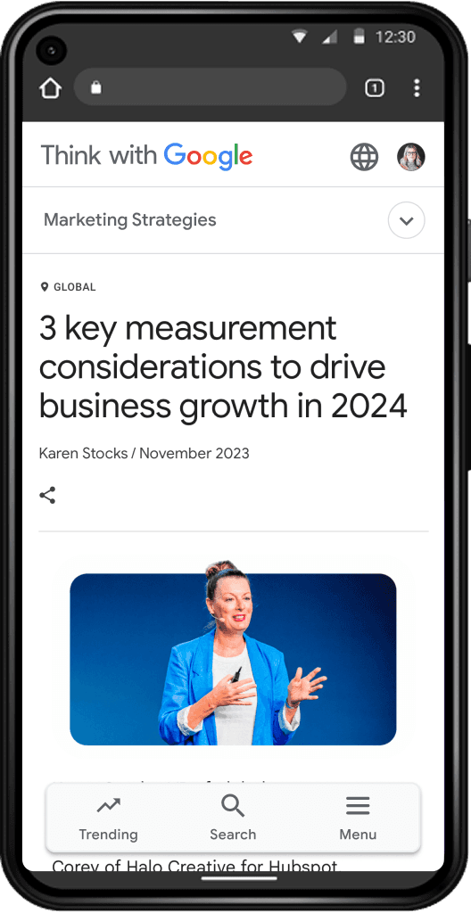 Mobile screen display of the Think with Google home page