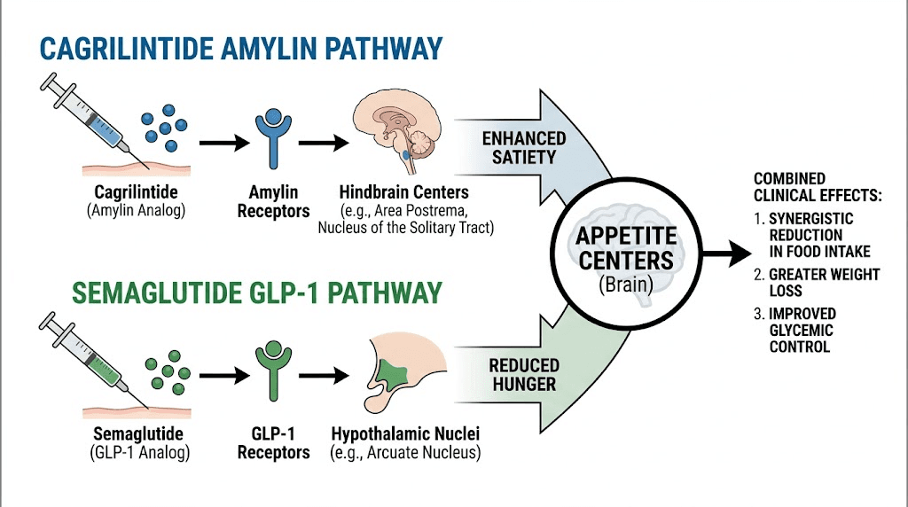 Cagrilintide and semaglutide dual pathway mechanism of action diagram