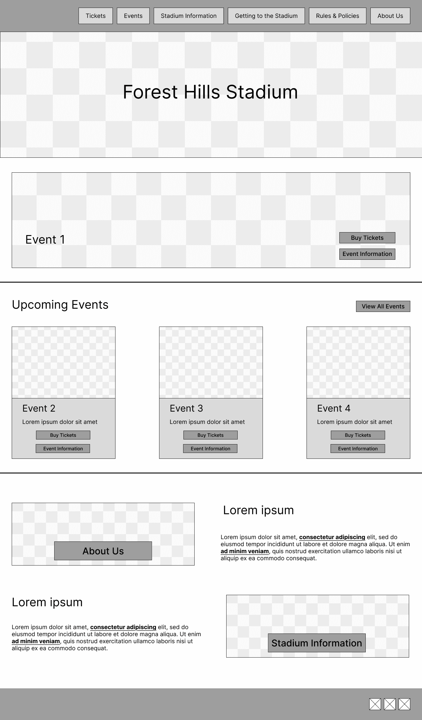 Low-fidelity wireframe of Homepage with hero section, featured event, Upcoming Events grid, and About Us/Stadium Information sections