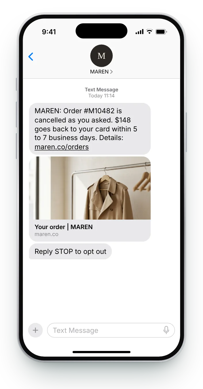 Order cancelled on request transactional SMS on an iPhone