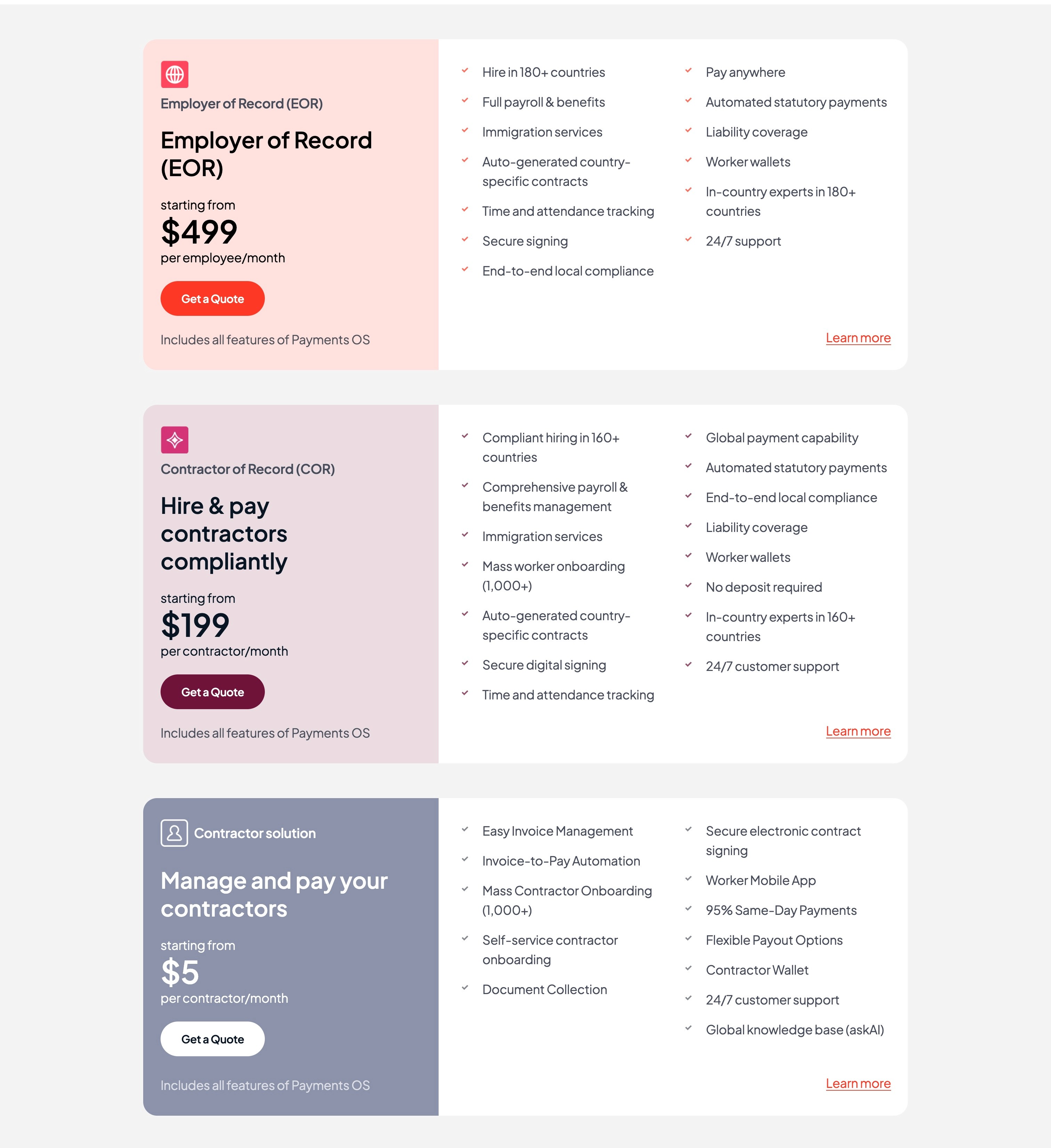 Papaya Global, the pricing page showing contractor management and EOR rates