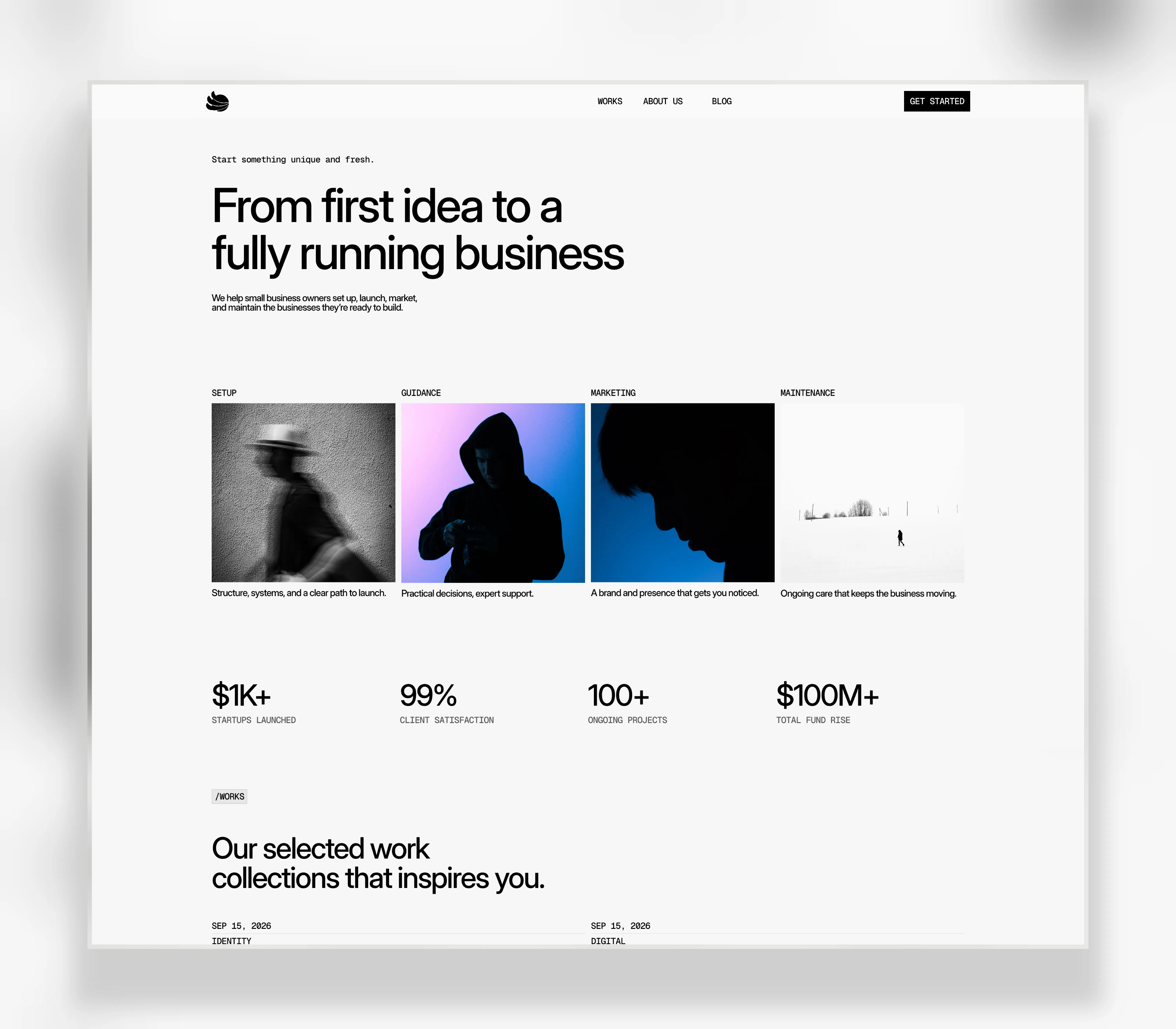 Minimal creative agency homepage hero section with bold typography and service cards.
