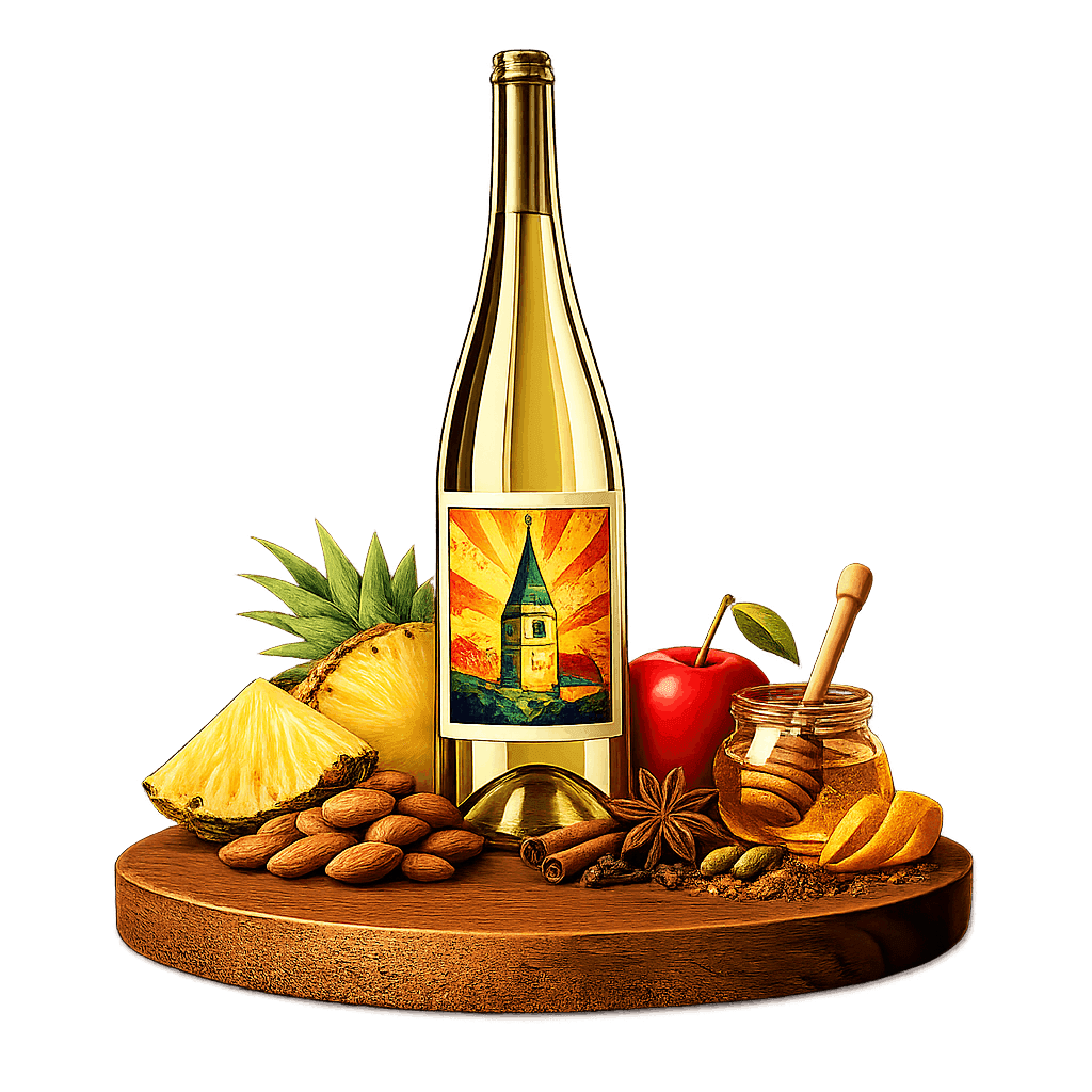 Artistic label and flavor profile for Austrian Rotgipfler-Zierfandler Blend on a rustic wooden table.