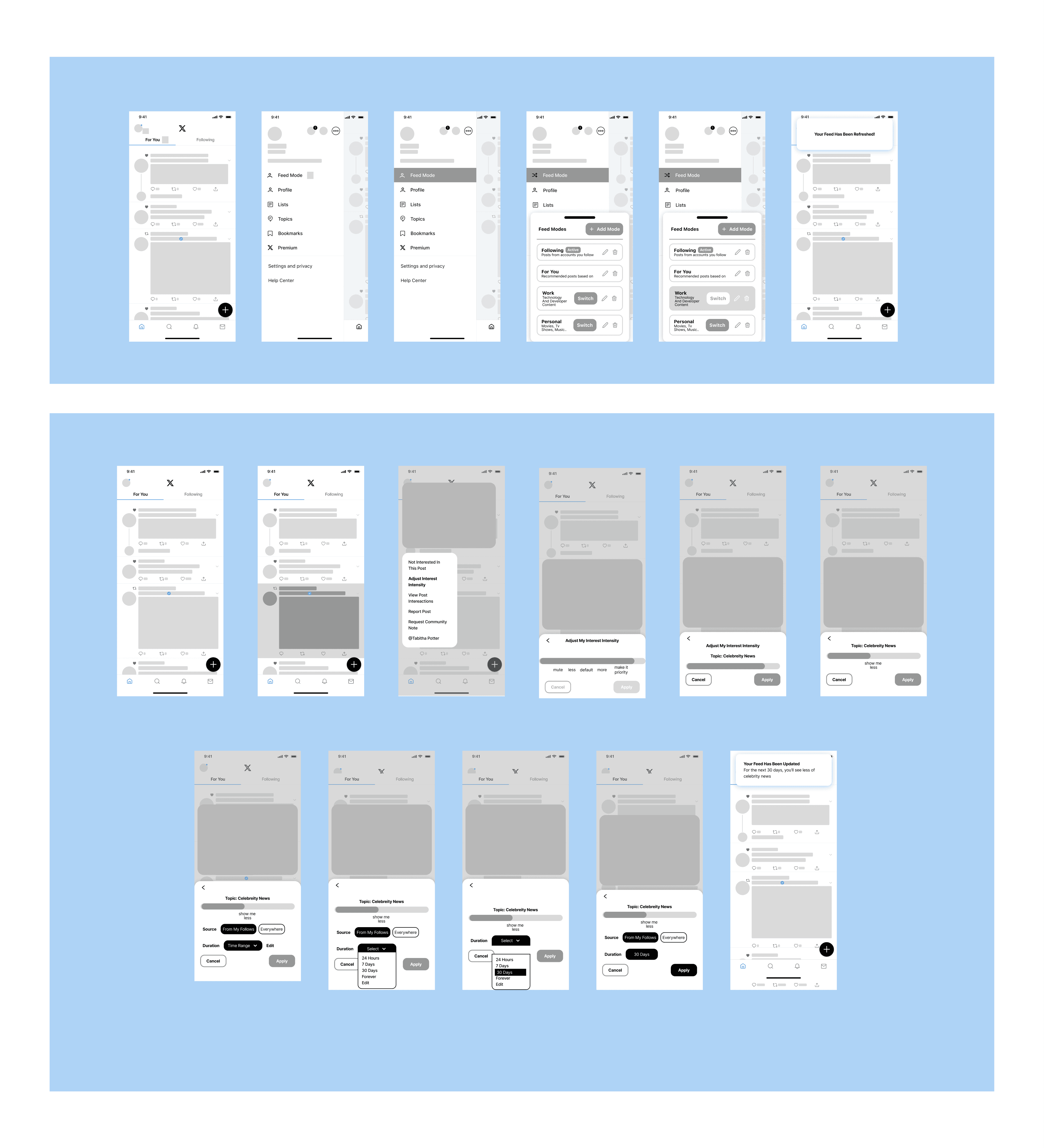 Low-fidelity wireframes exploring entry points and control placement