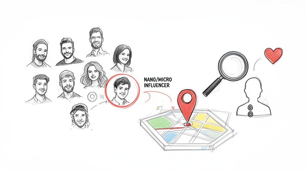 A diagram illustrating the connection between a nano/micro influencer, local map, and target audience.