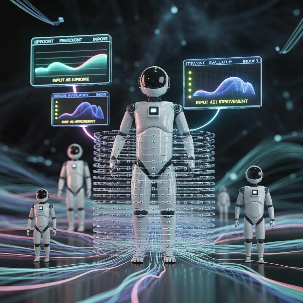 several robots standing looking at floating screens