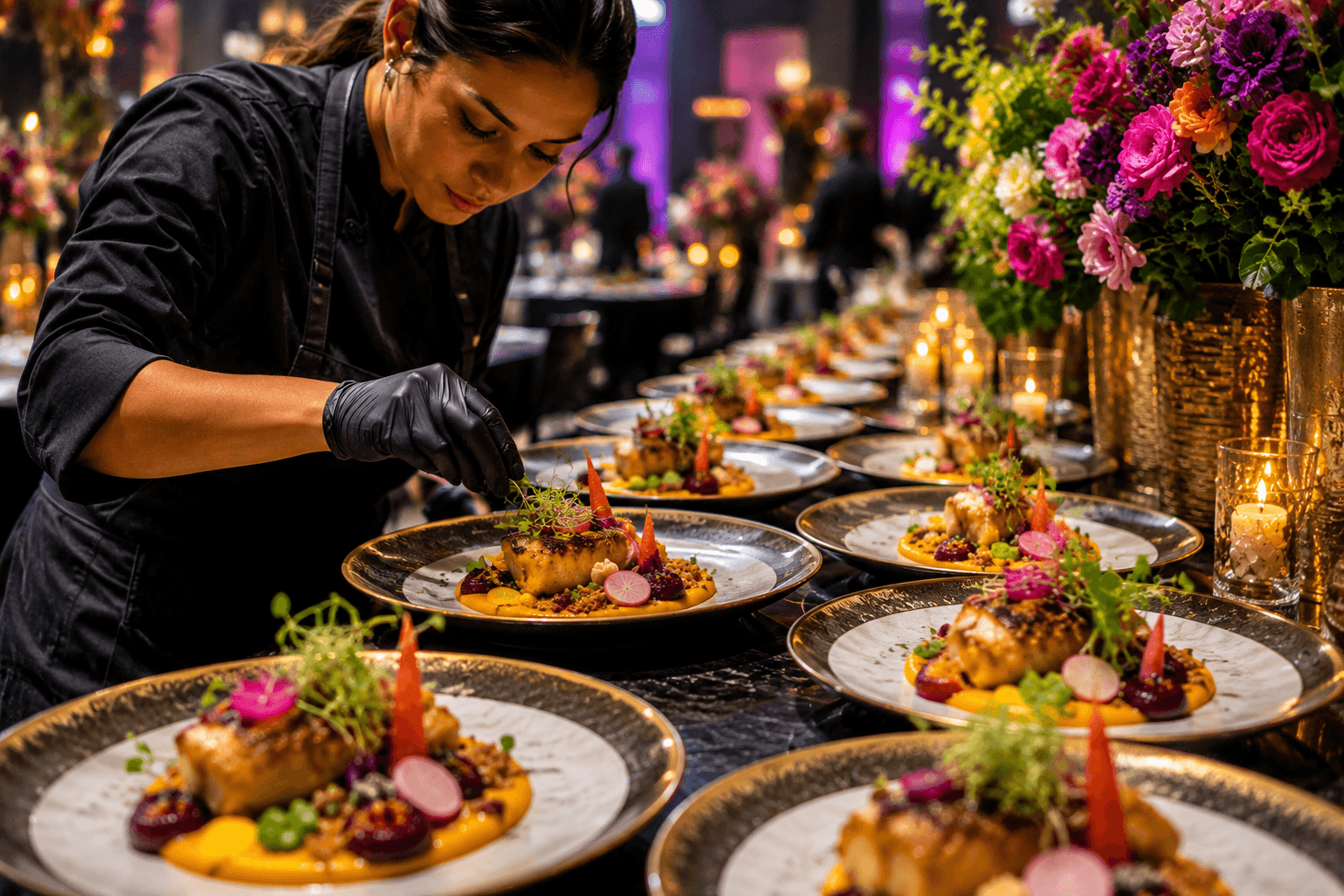Hospitality employee serving guests at a buffet