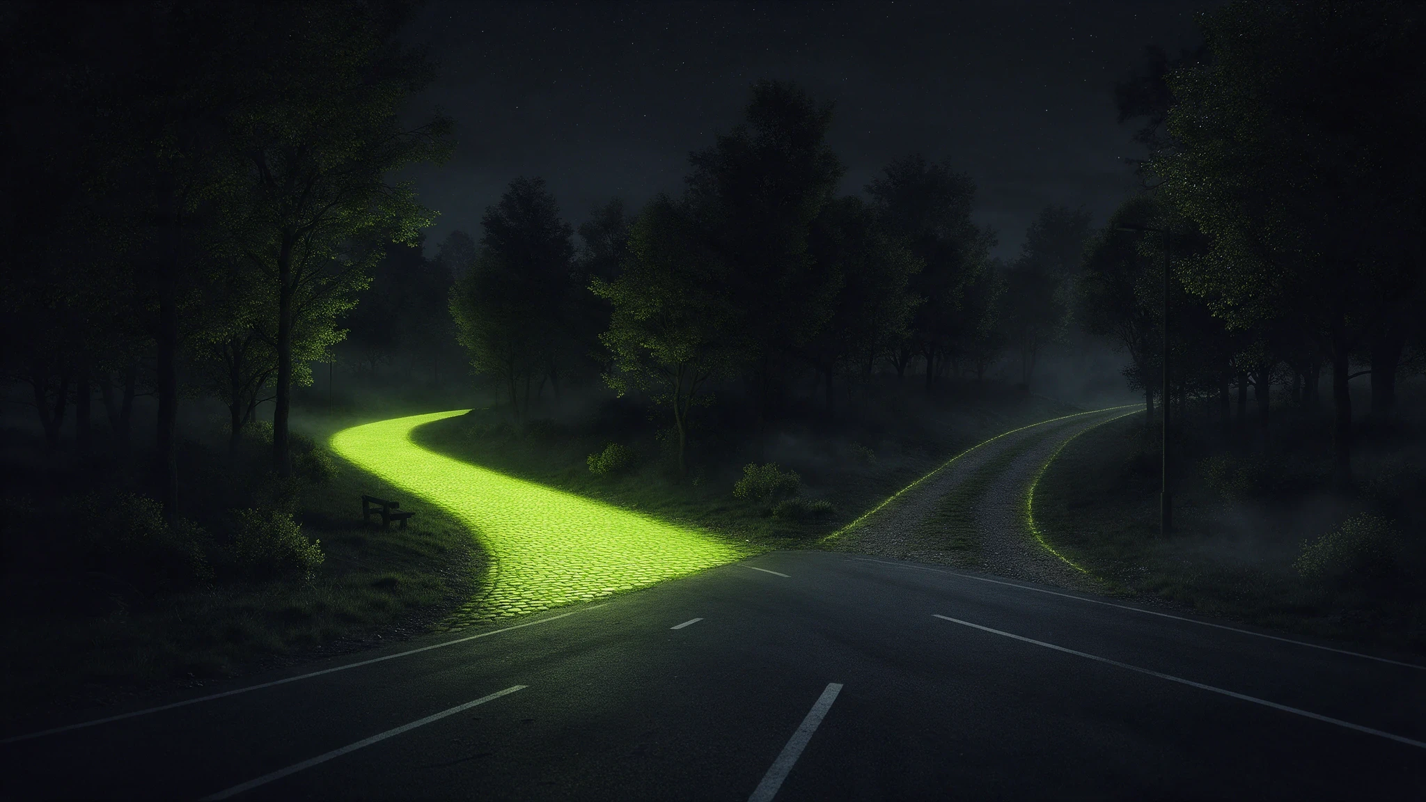 A road forking into two paths through darkness, one path glowing green